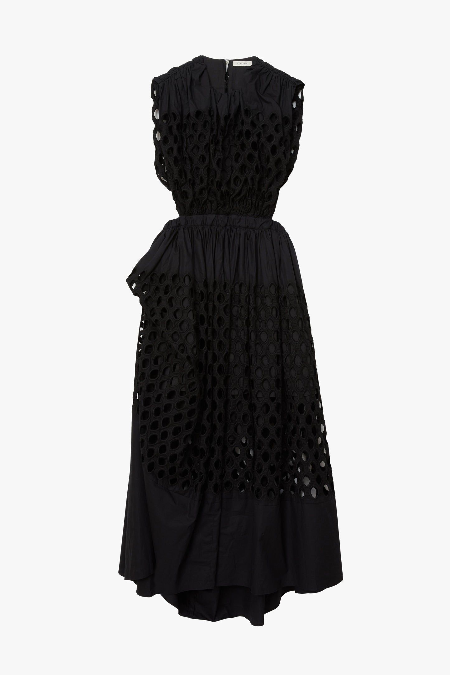 Black sleeveless ruched dress with cotton broderie anglaise mesh featuring a black cotton lining underneath.