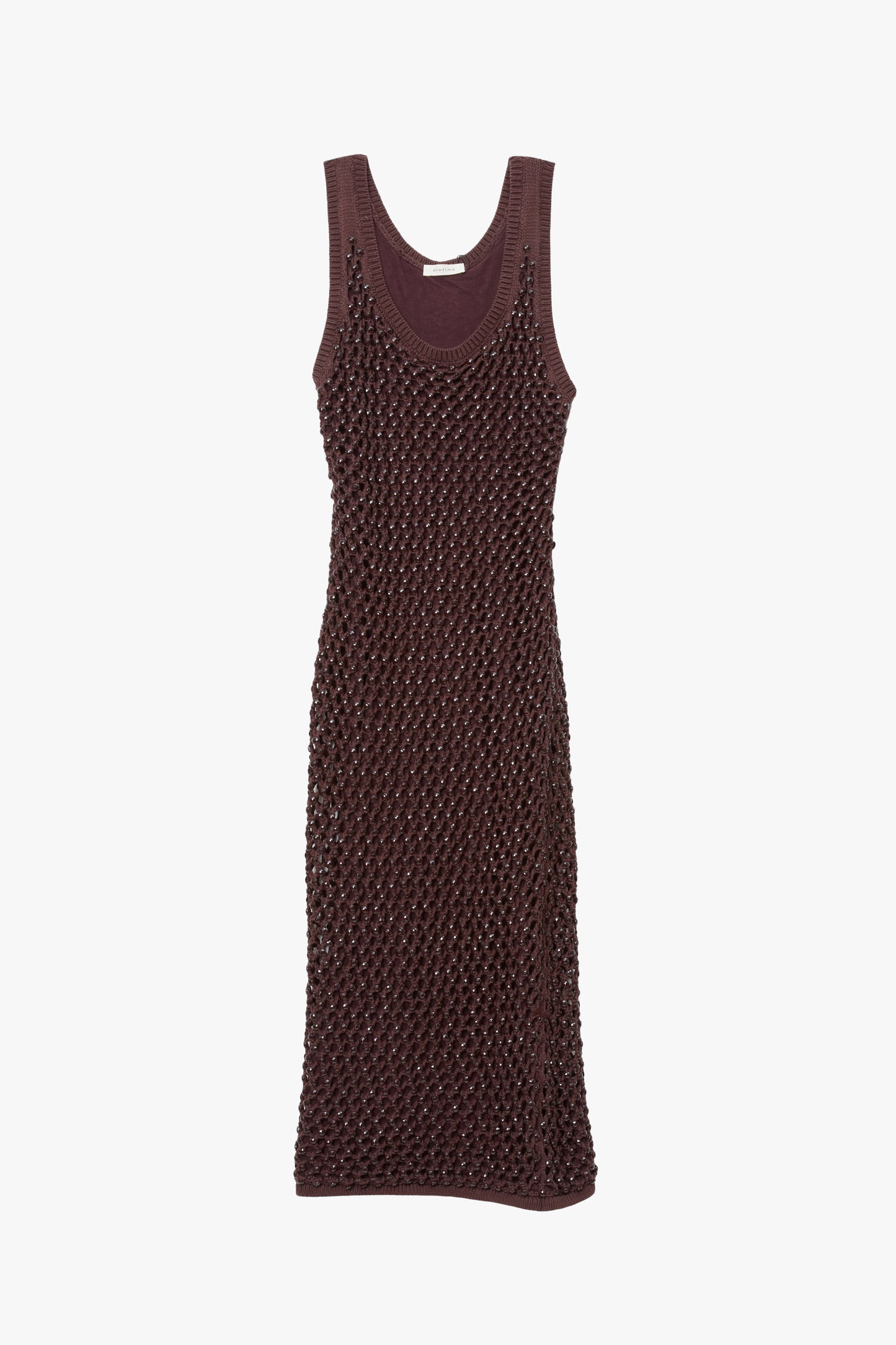 Brown knitted crochet crystal mesh dress dress photographed against a white background