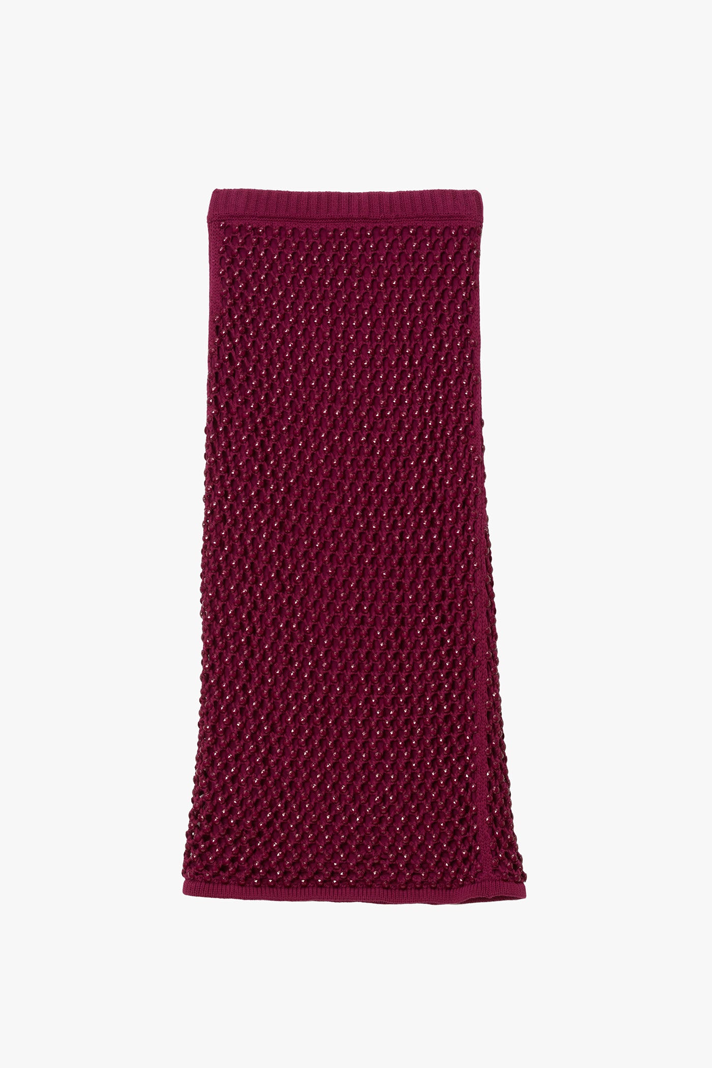 Magenta knitted chunky crystal embellished straight skirt on a white background.