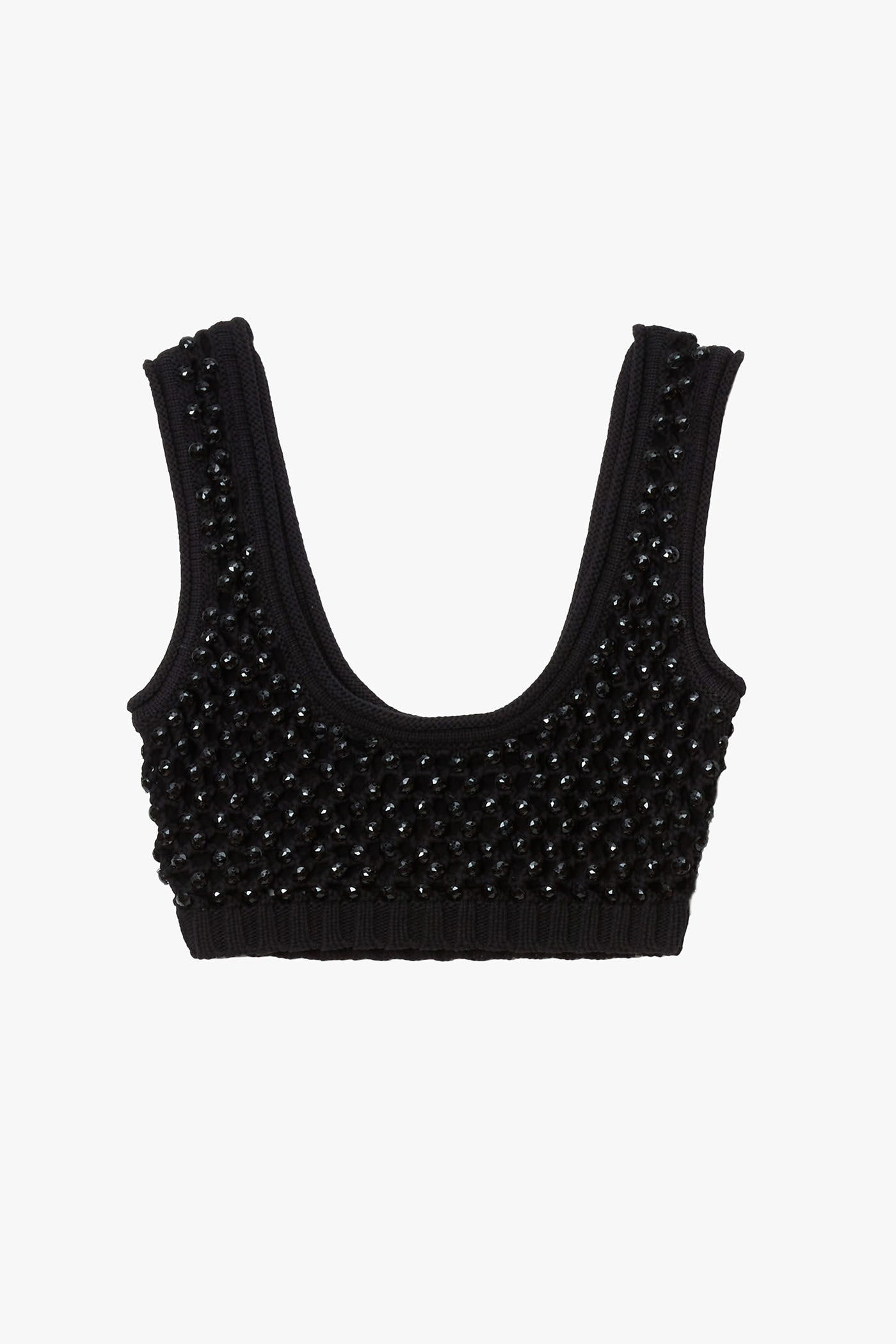 Black knitted chunky crystal embellished bralette on a white background.