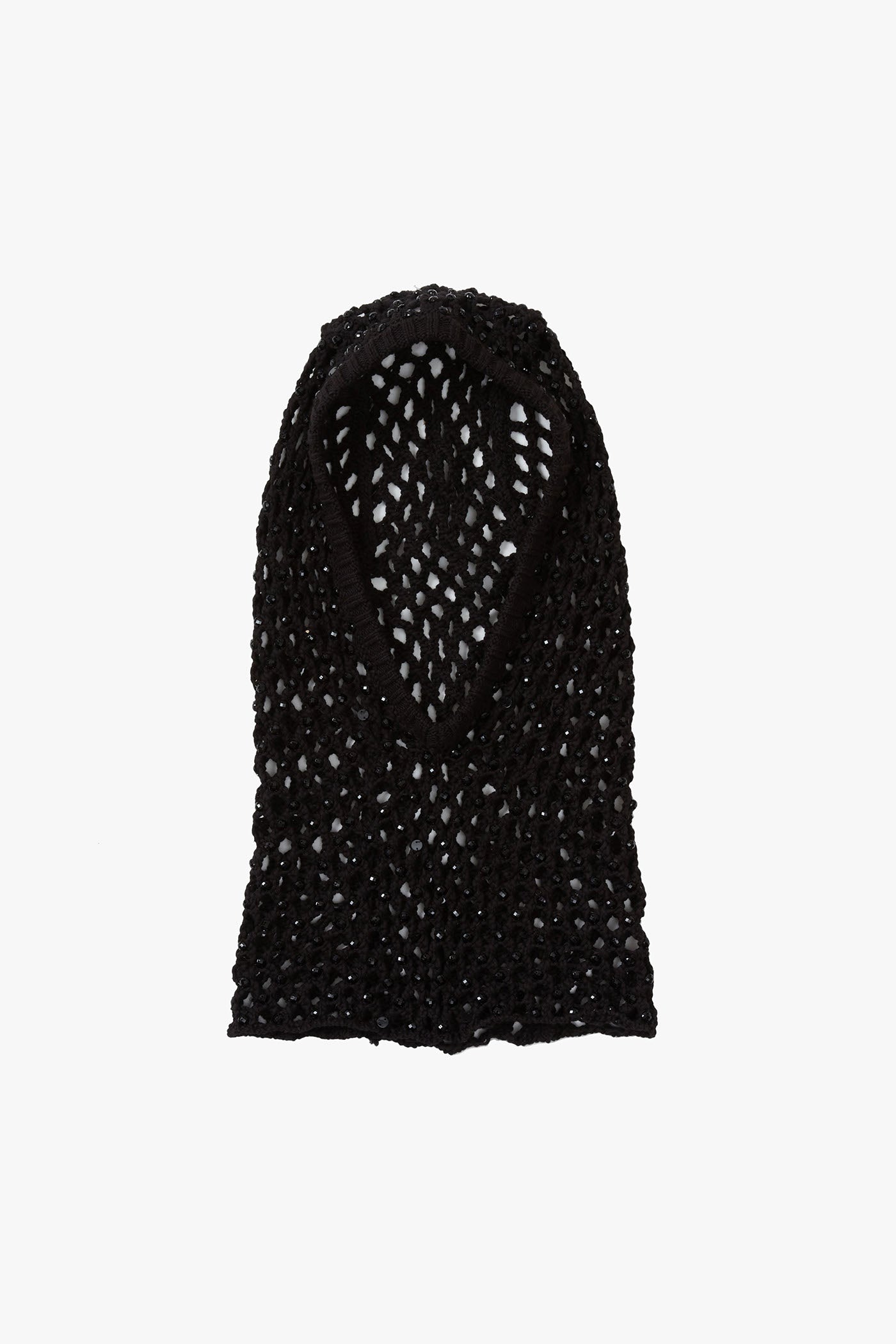 Black knitted crystal embellished hood on a white background.