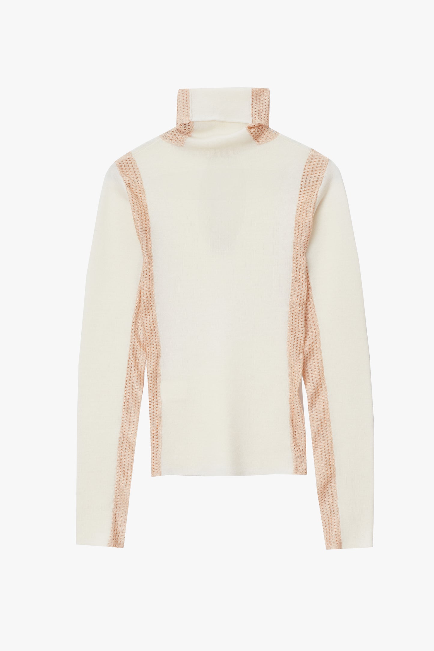 Back of cream-colored sweater with mesh accents on a white background