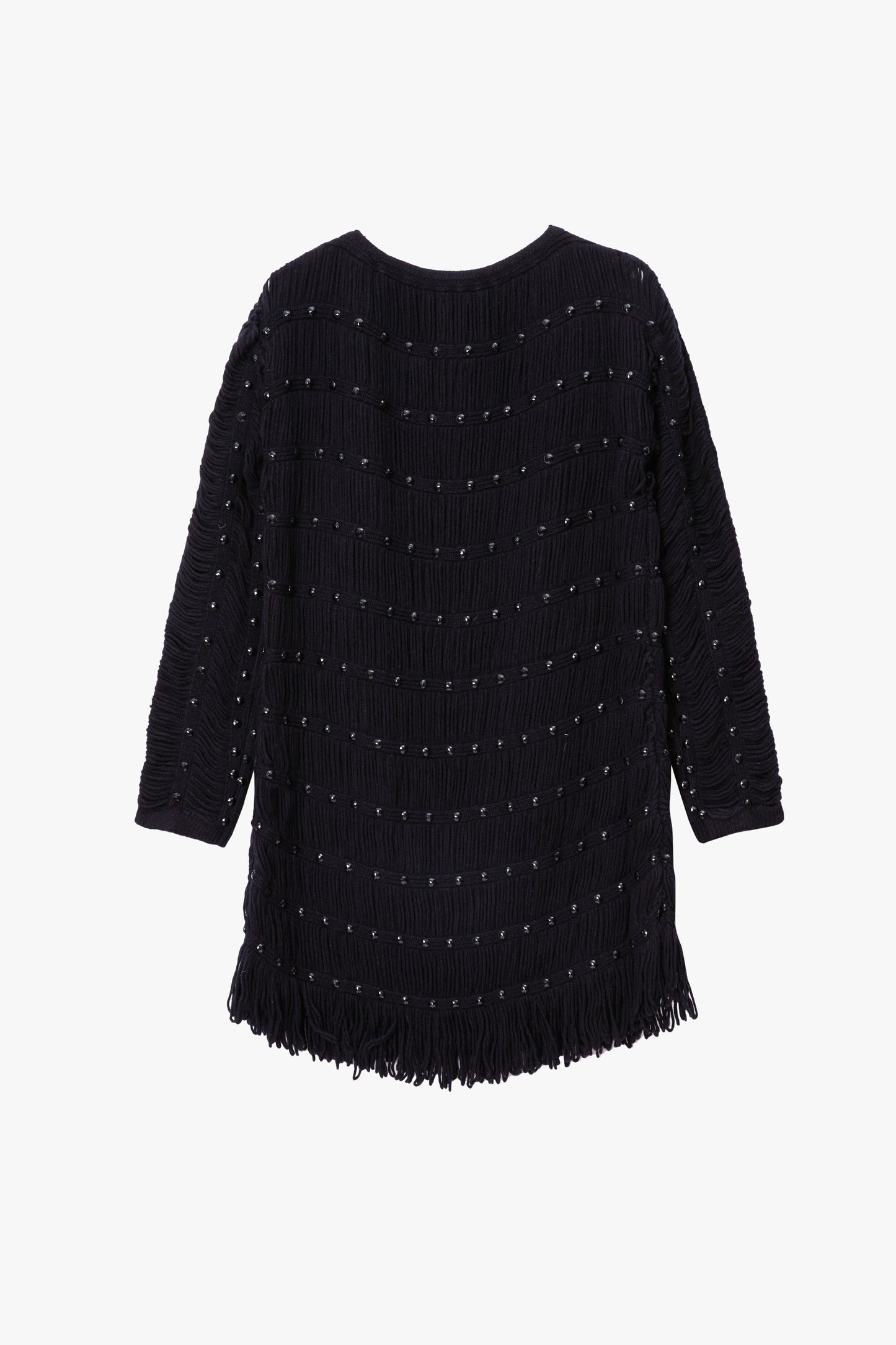 Black dress with fringe details on a white background