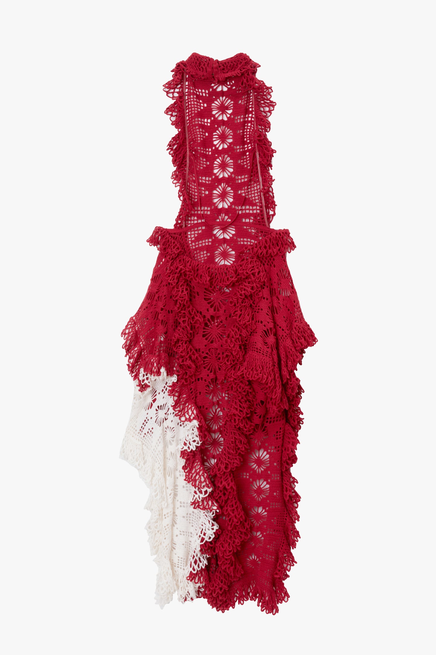 Red and white crochet lace dress with floral patterns on a white background