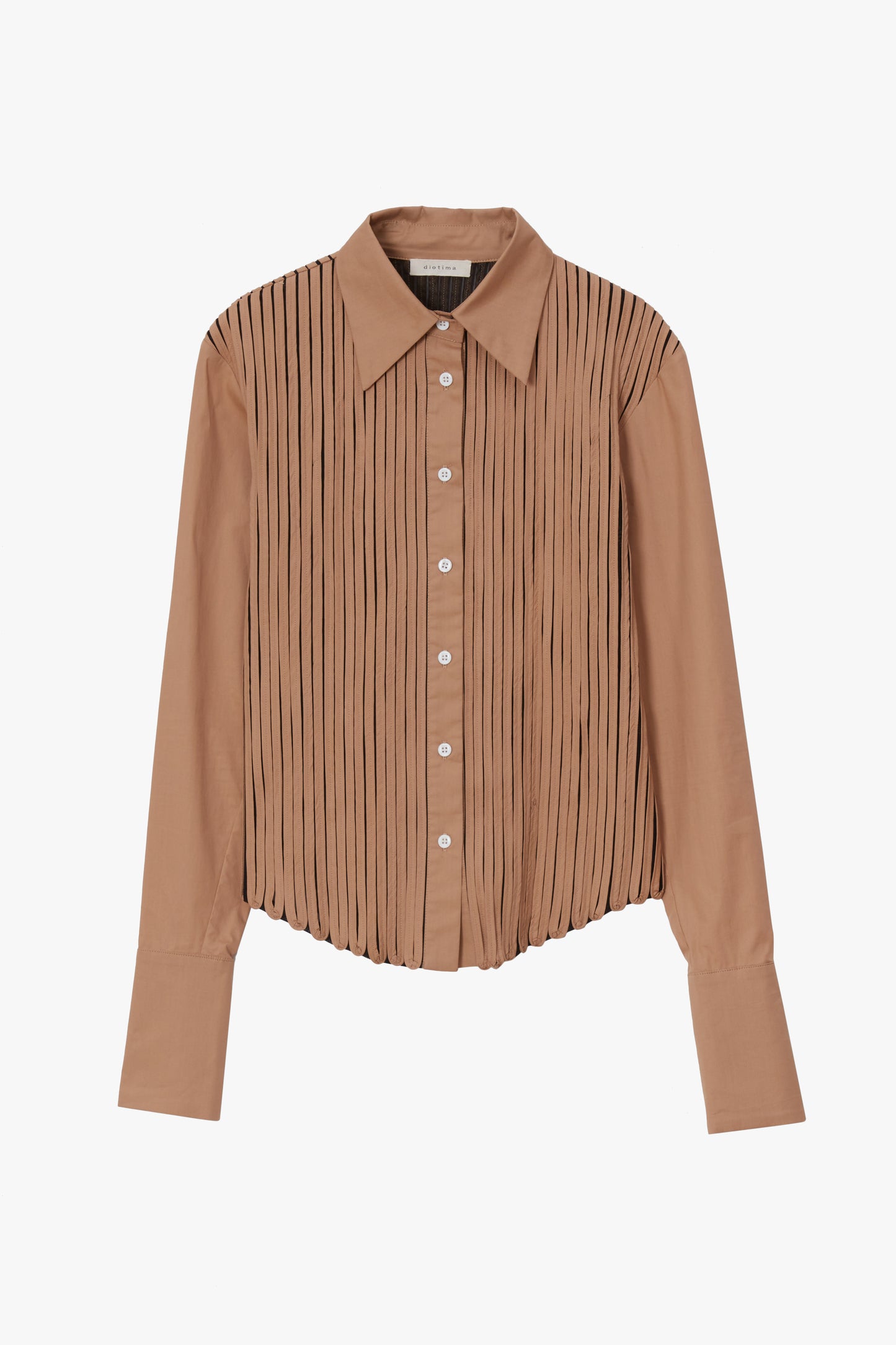Brown pleated button up shirt on a white background