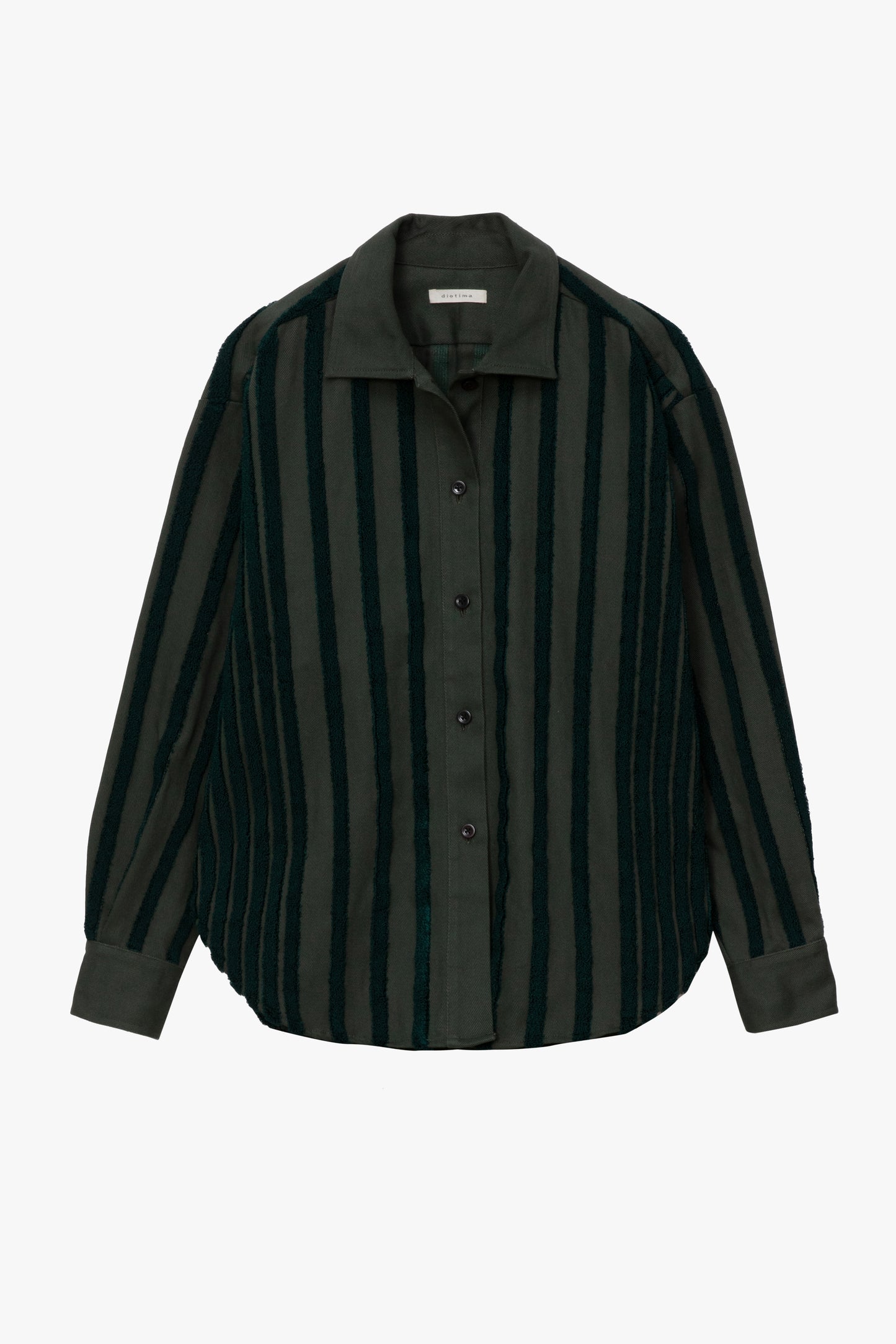 A long-sleeve button-up shirt with vertical stripes in dark olive green and black, featuring a pointed collar and dark buttons, shown against a plain light gray background.