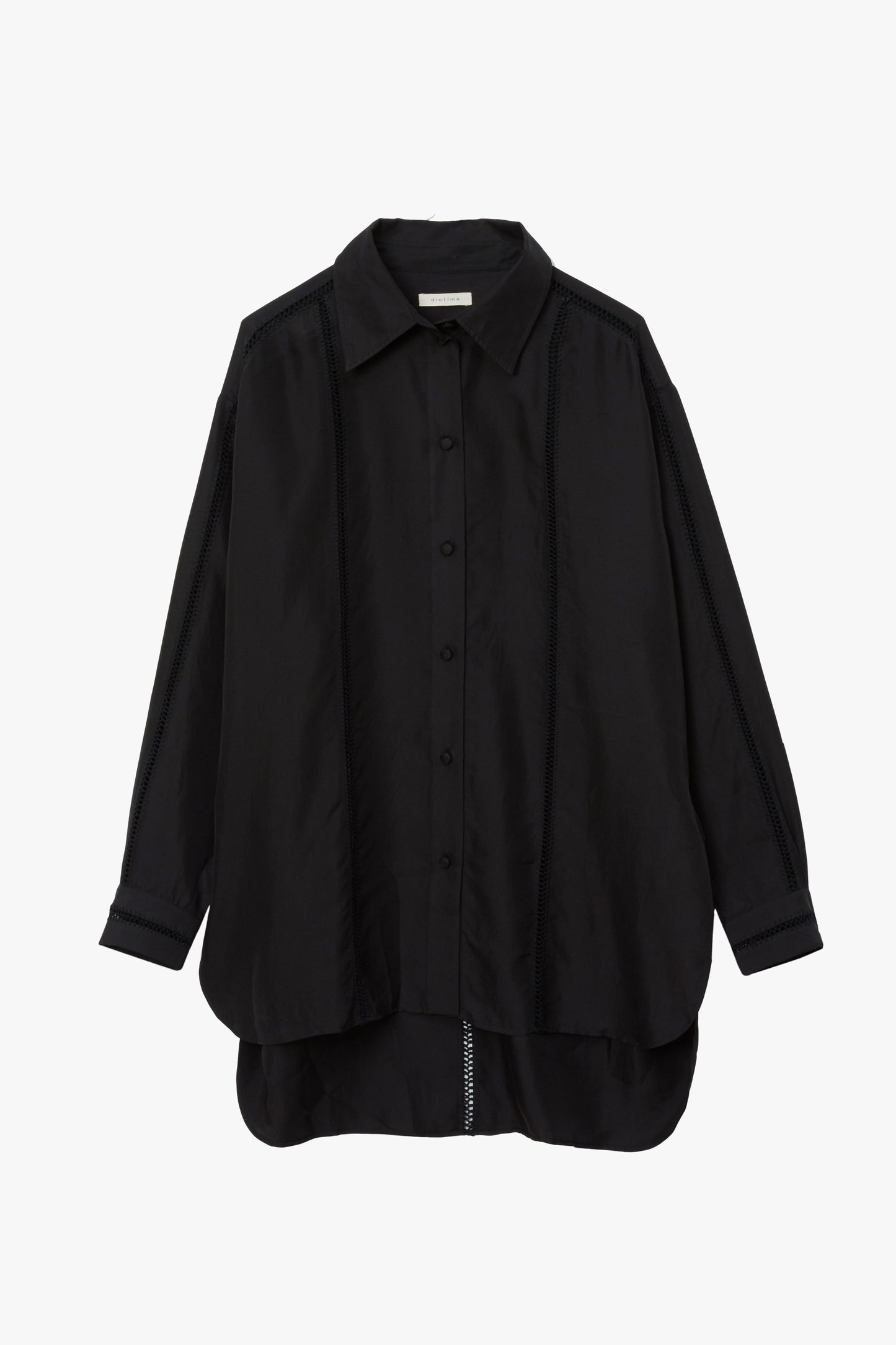 Black button up long sleeve shirt with a pointed collar and vertical stitching in a stripe pattern.