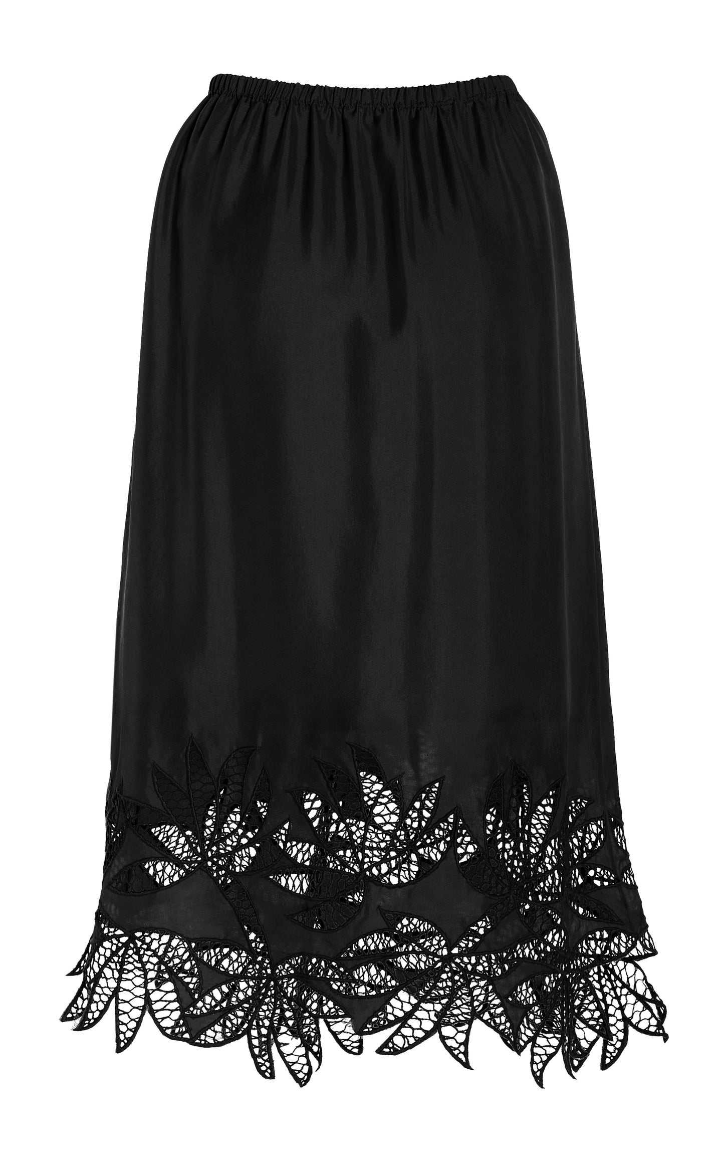 Black silk skirt with flower lace trim on a white background