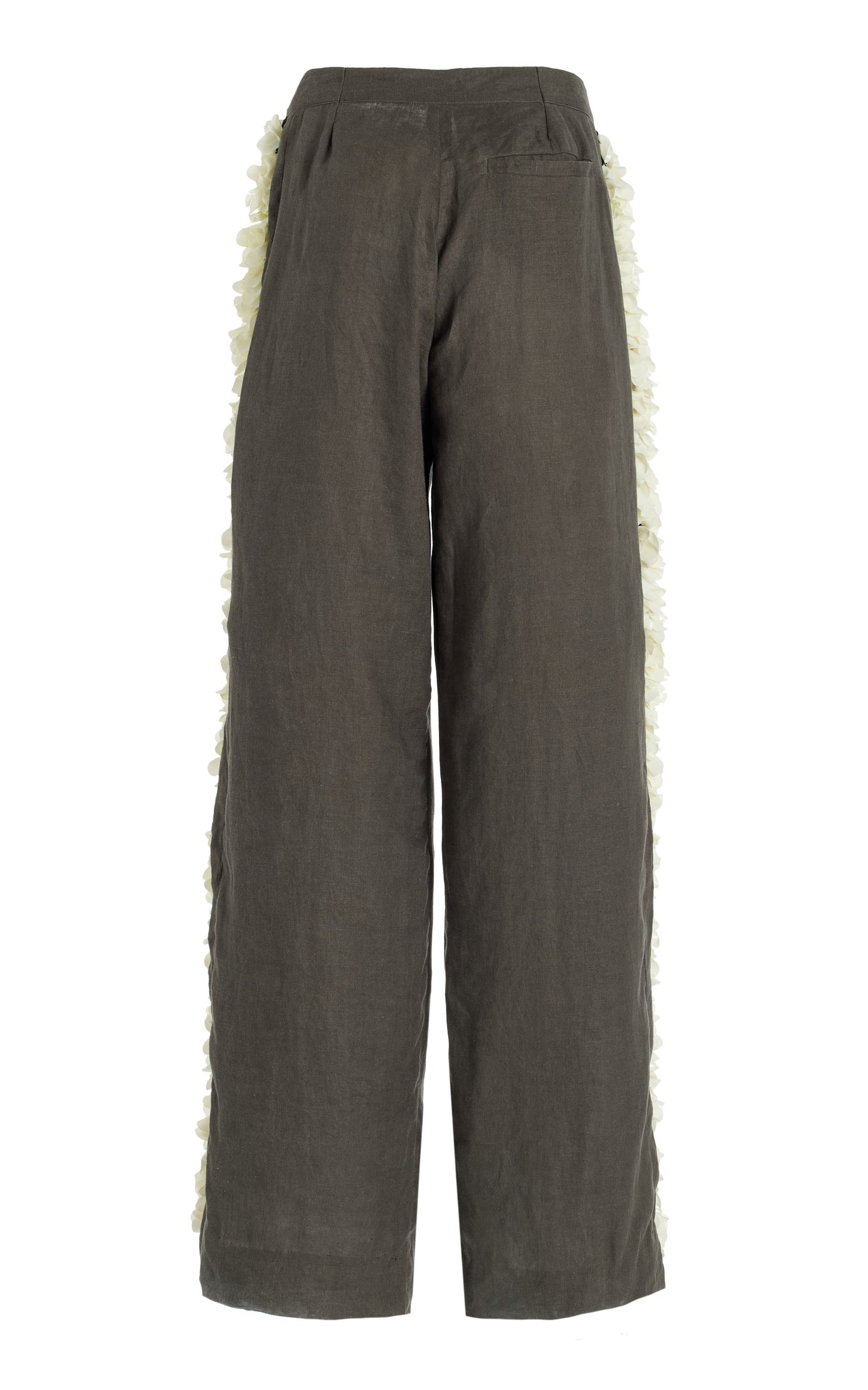 Dark gray wide-leg pants with white palette trim along the side photographed on a white background