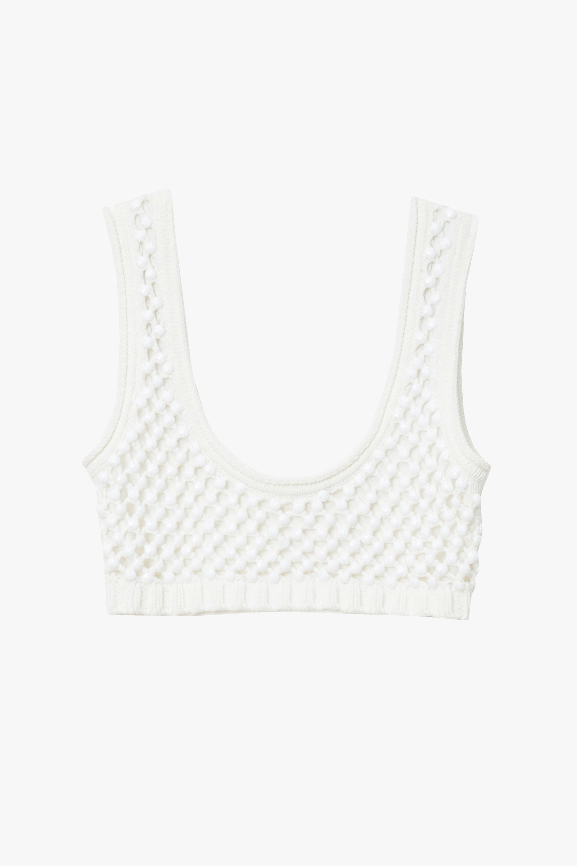 White knitted chunky crystal embellished bralette on a white background. 