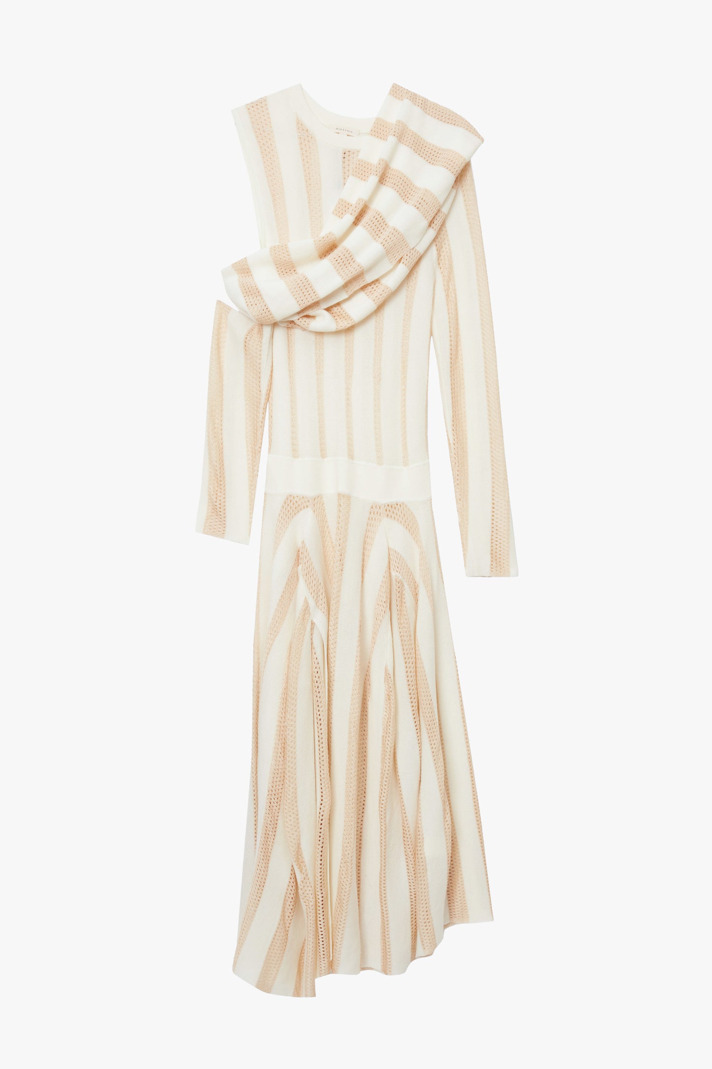 Beige and white merino wool mesh striped dress on a white background