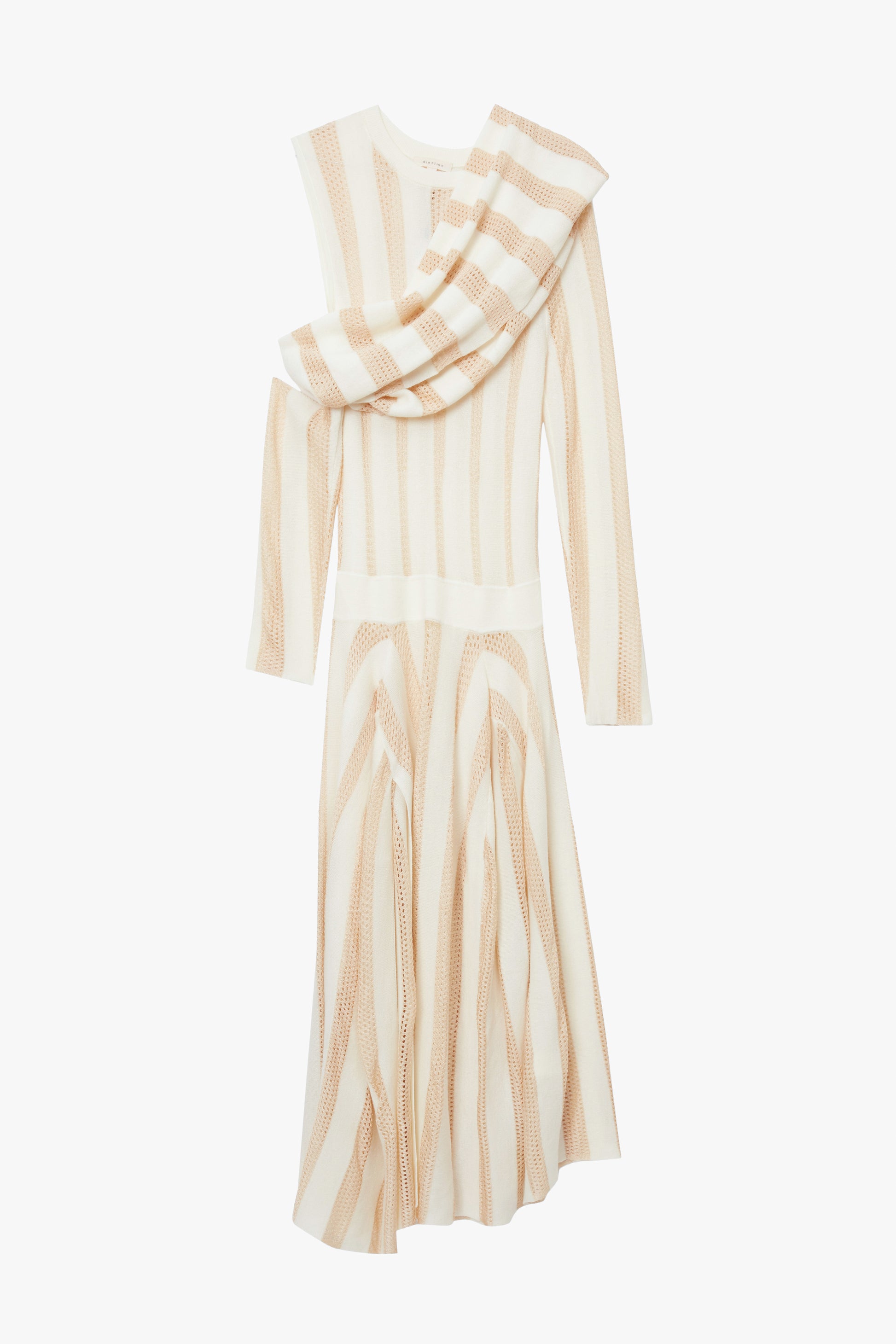 Beige and white merino wool mesh striped dress on a white background