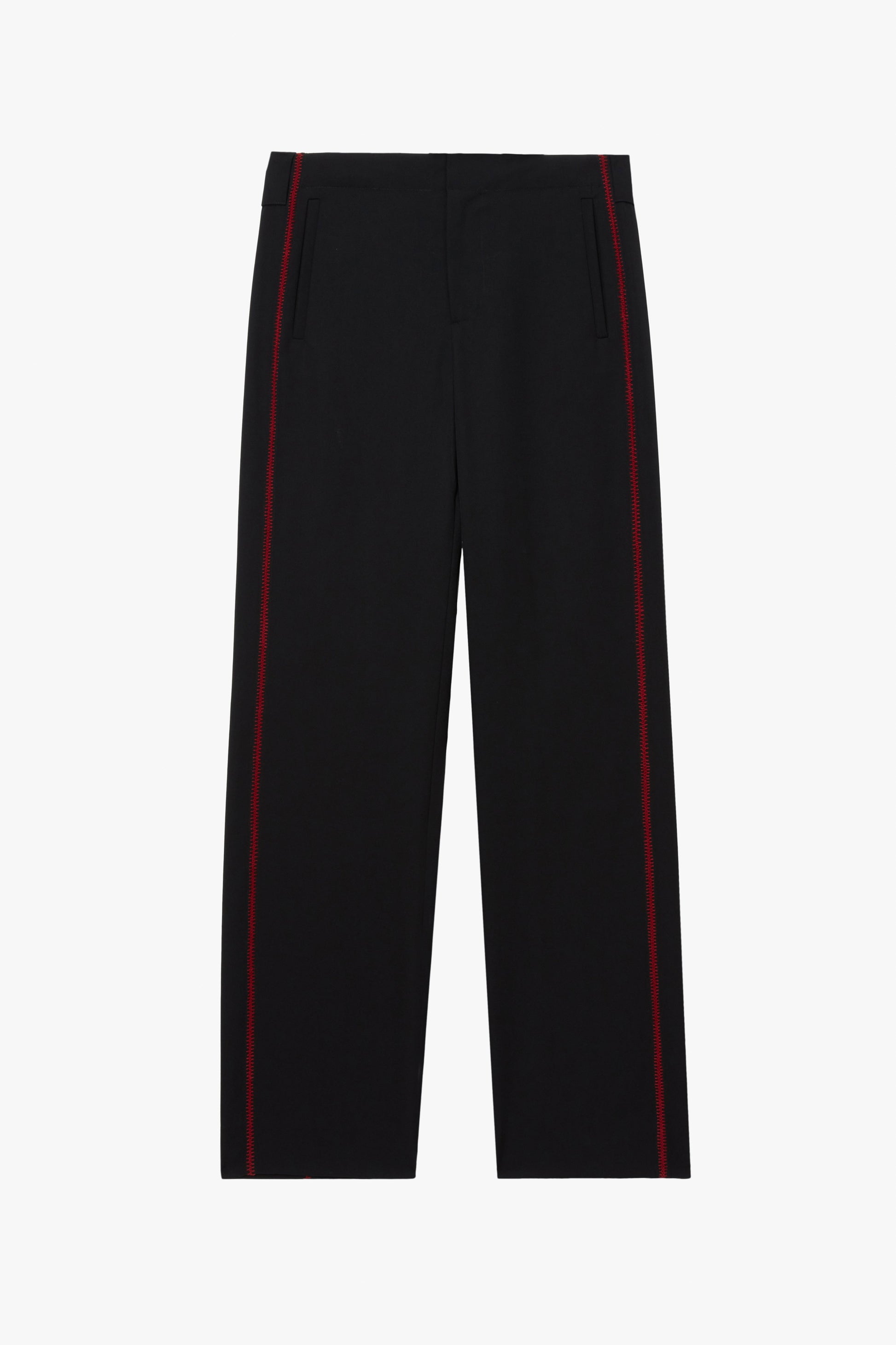 A pair of trousers photographed against a plain white studio background. The black trousers have red stitching details on the side.