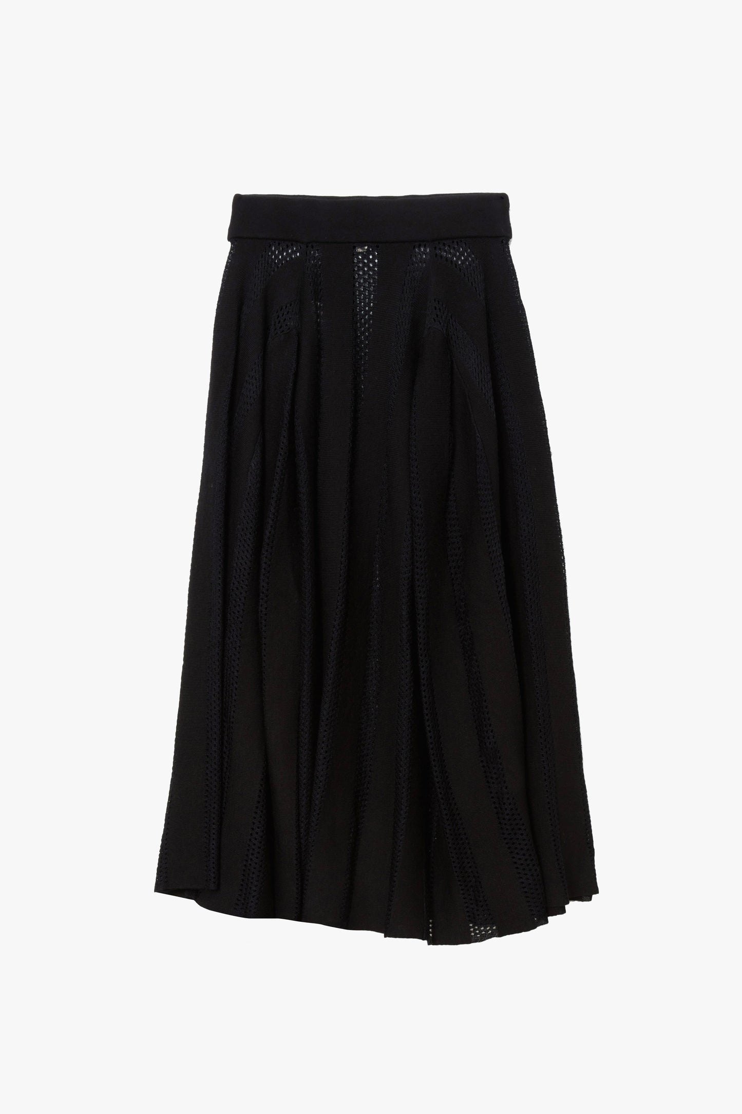 Black knit skirt with mesh line detailing throughout photographed on a white background