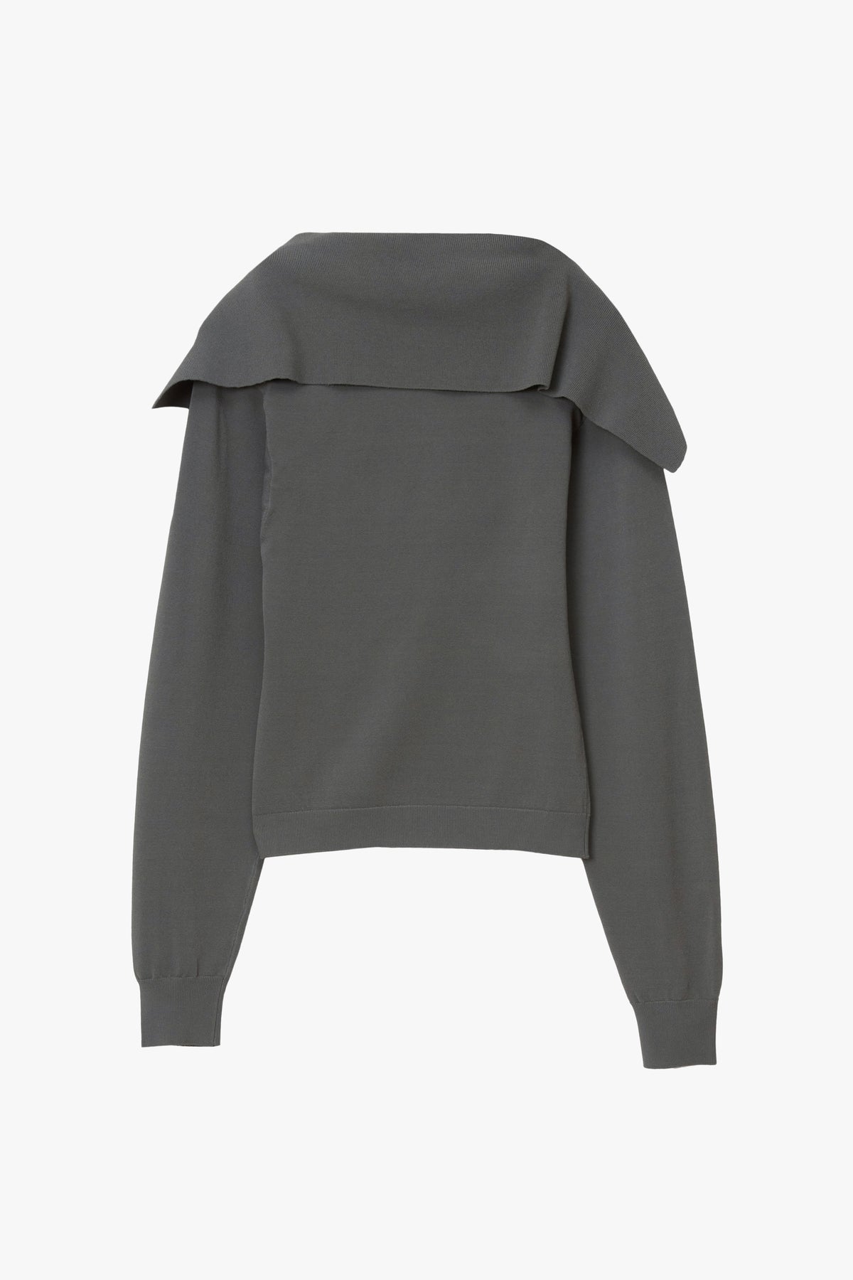 Back of long sleeve cool toned grey knit sweater with a draped sailor collar. 