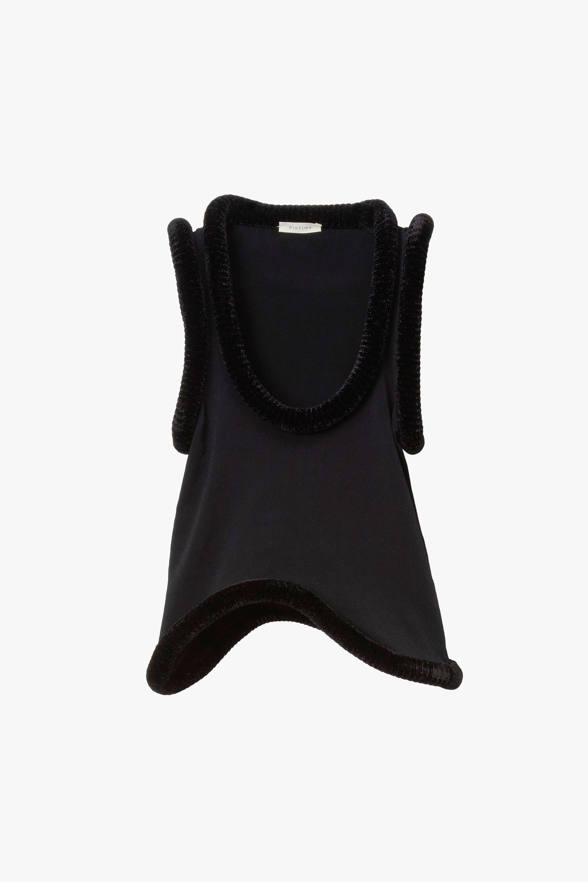 Black asymmetrical tank top with chenille sculptural piping around the neckline, sleeves and hem. 