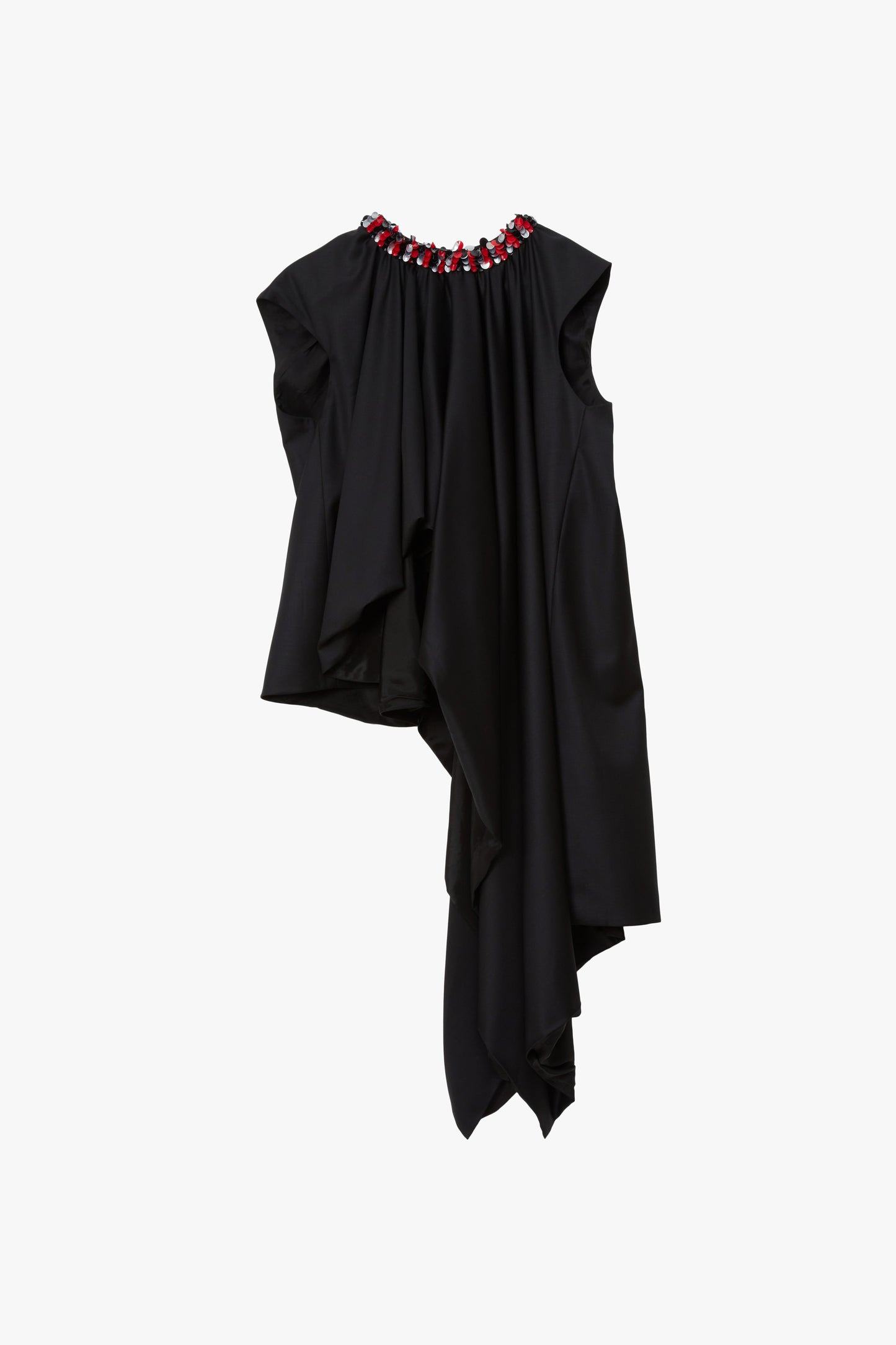 Asymmetrical black sleeveless top with extra draping on the wearer's front left side with red and silver paillettes along the neckline.