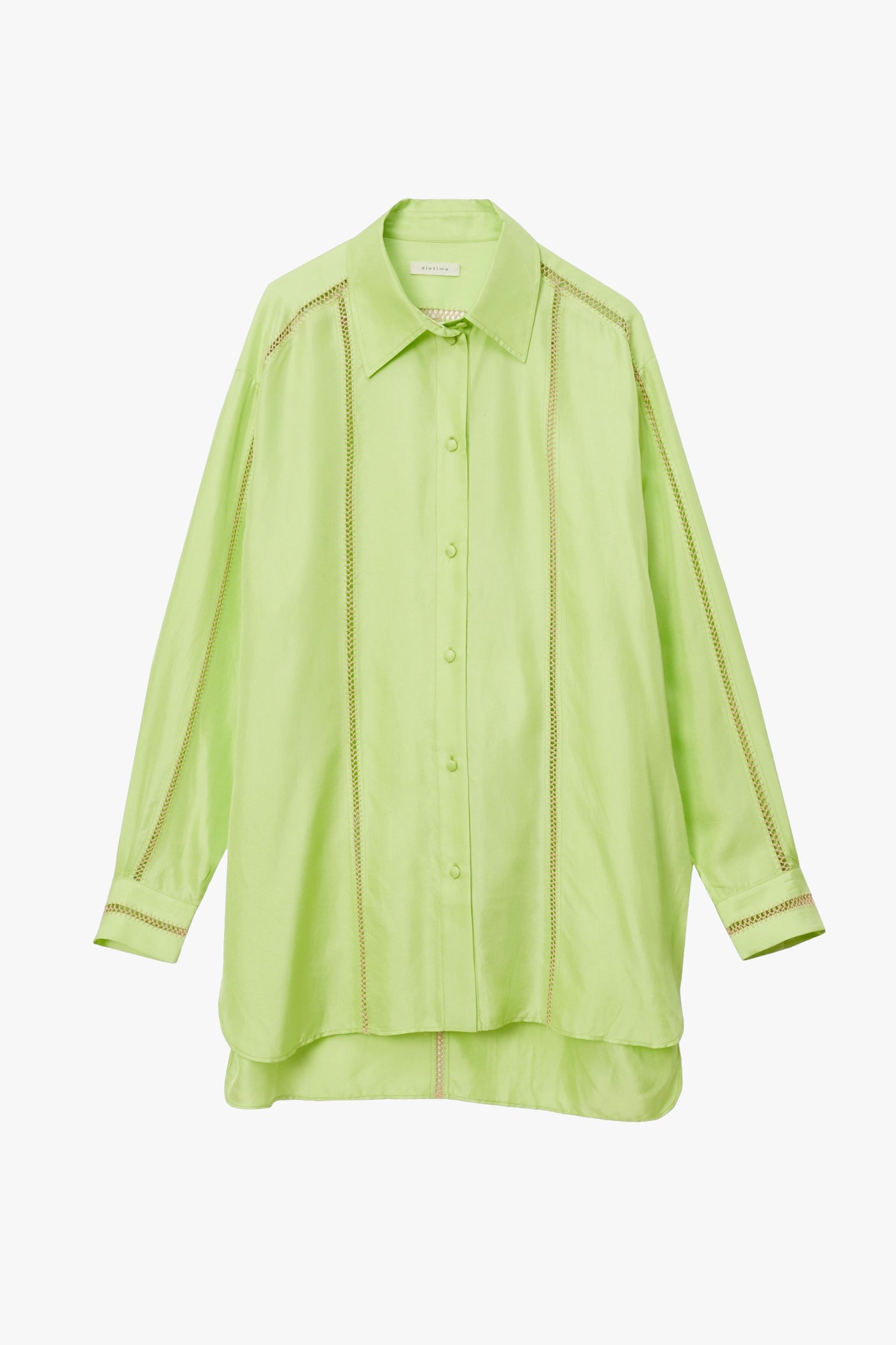 A light lime green long-sleeve button-up shirt with a pointed collar vertical stitched detailing and striped cuffs, shown against a plain white background.