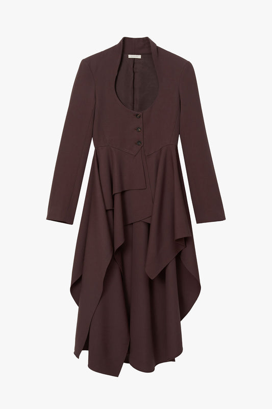 Brown open chest long sleeve jacket with 3 button closure and scarf hem multi-panel body photographed on a white background. 