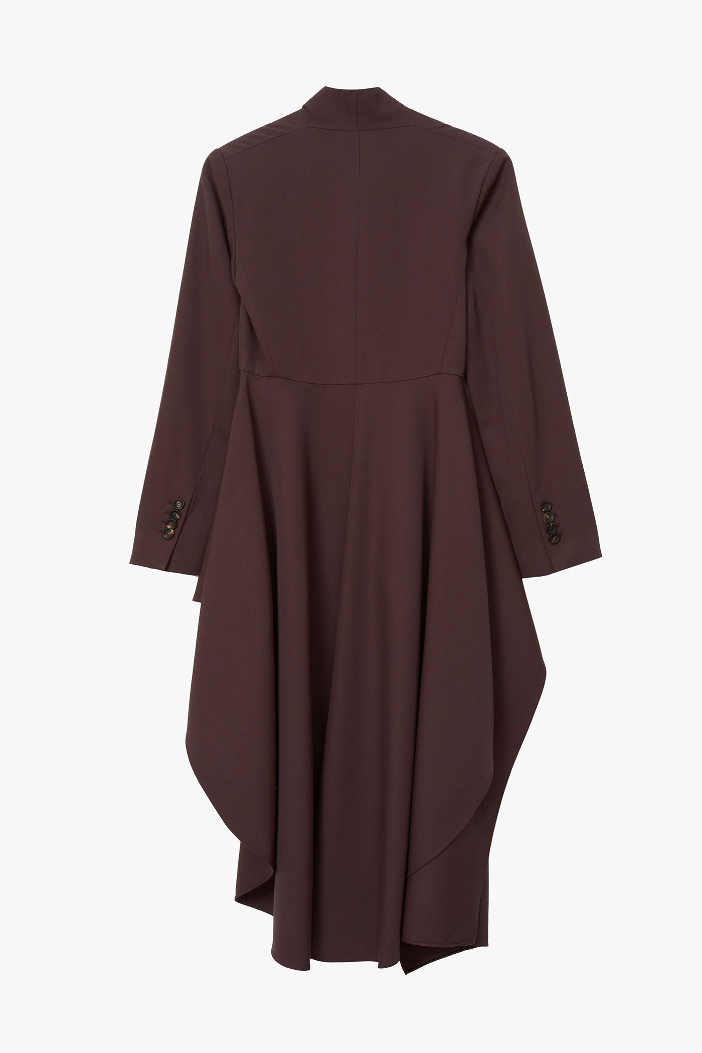 Brown open chest long sleeve jacket with 3 button closure and scarf hem multi-panel body photographed on a white background. 