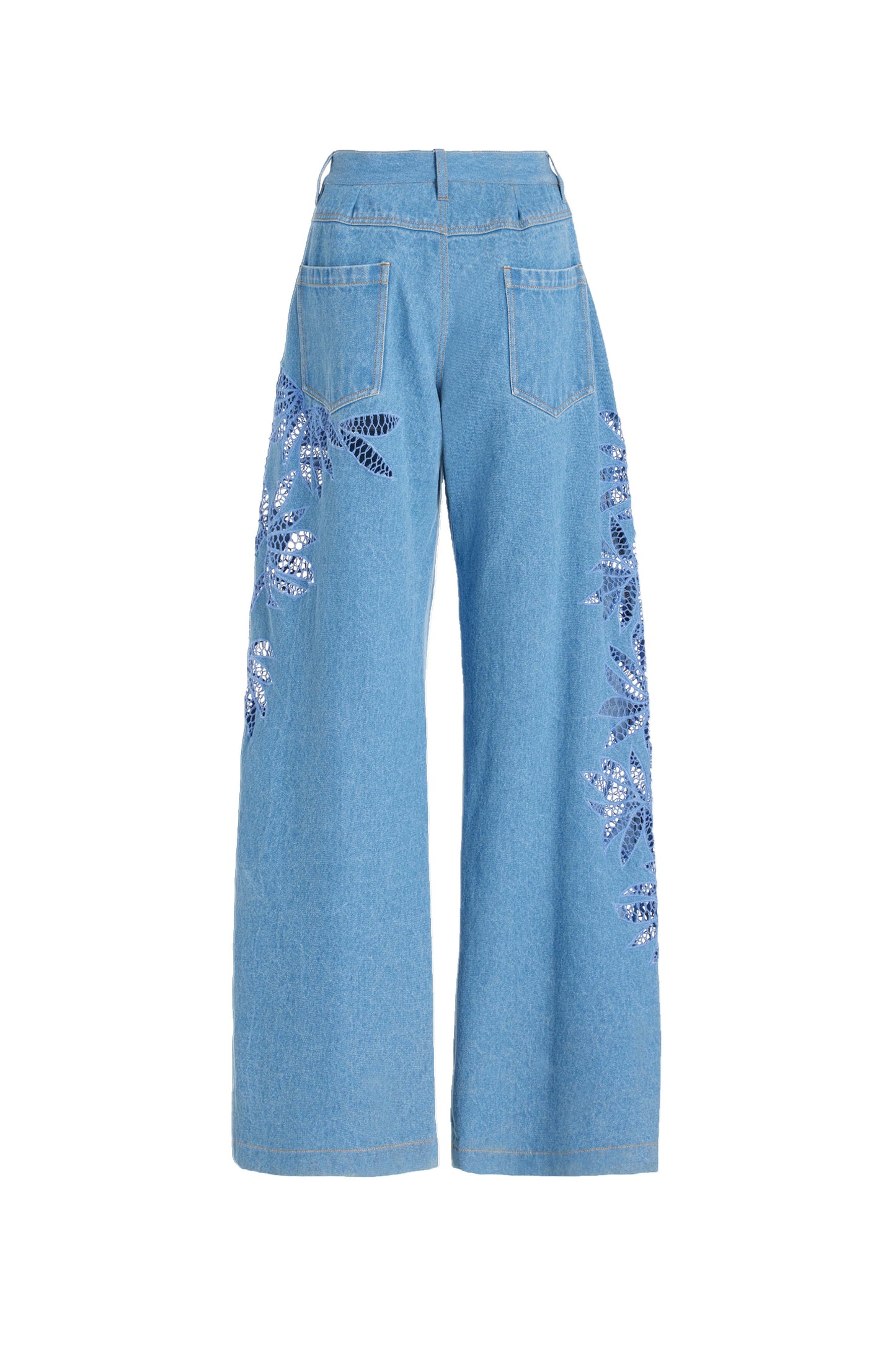 Light blue jeans with floral embroidery on a white background