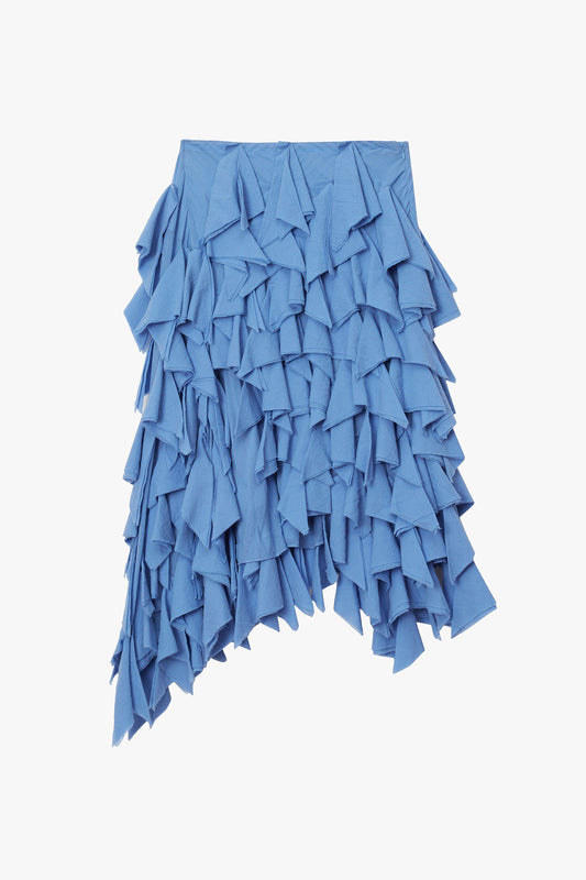 Blue asymmetric ruffled skirt photographed on a white background.
