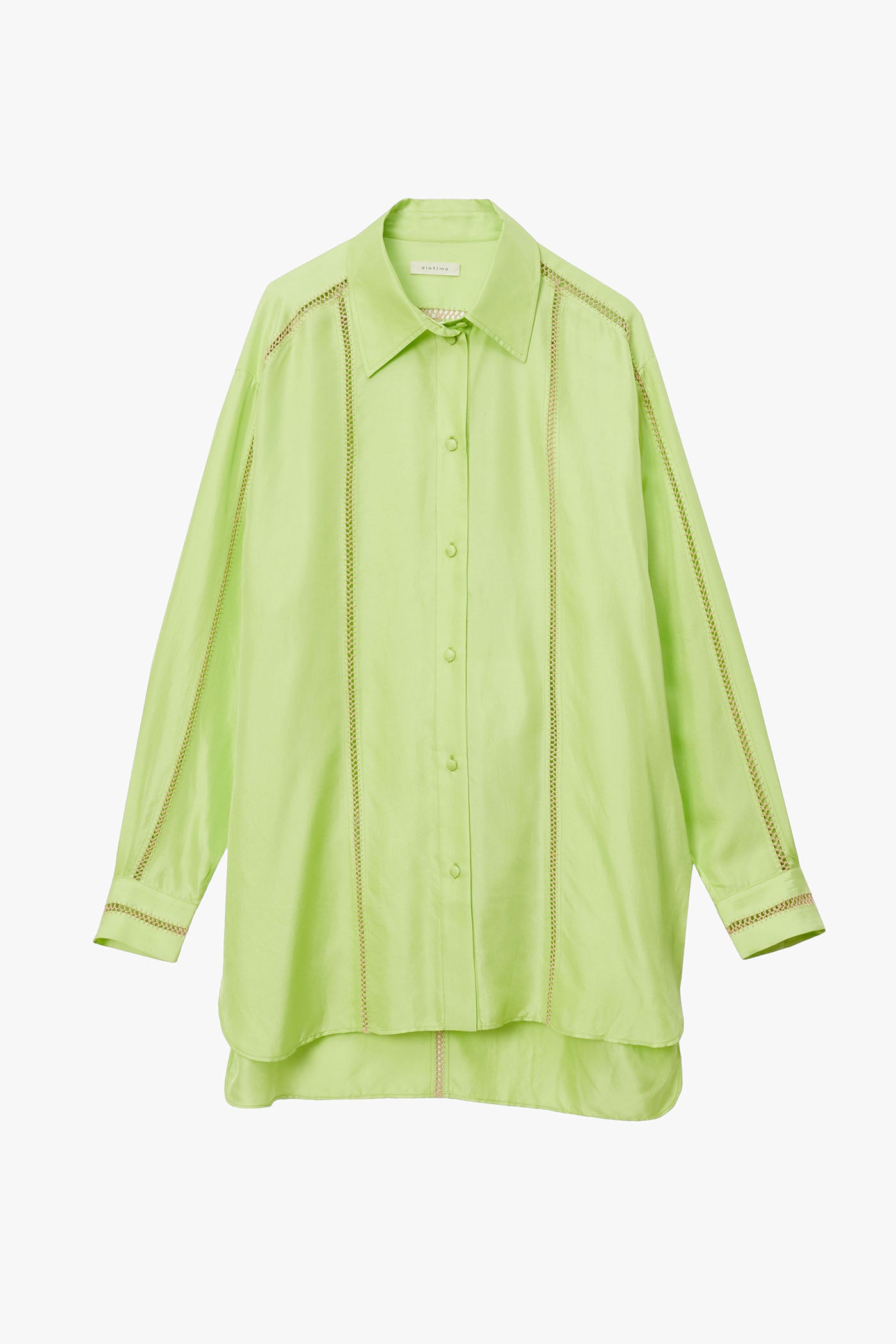 Lime green silk shirt with stripes of beige hand stitched detailing along sleeves, down the chest, and in a T along the back. Photographed on a white background.