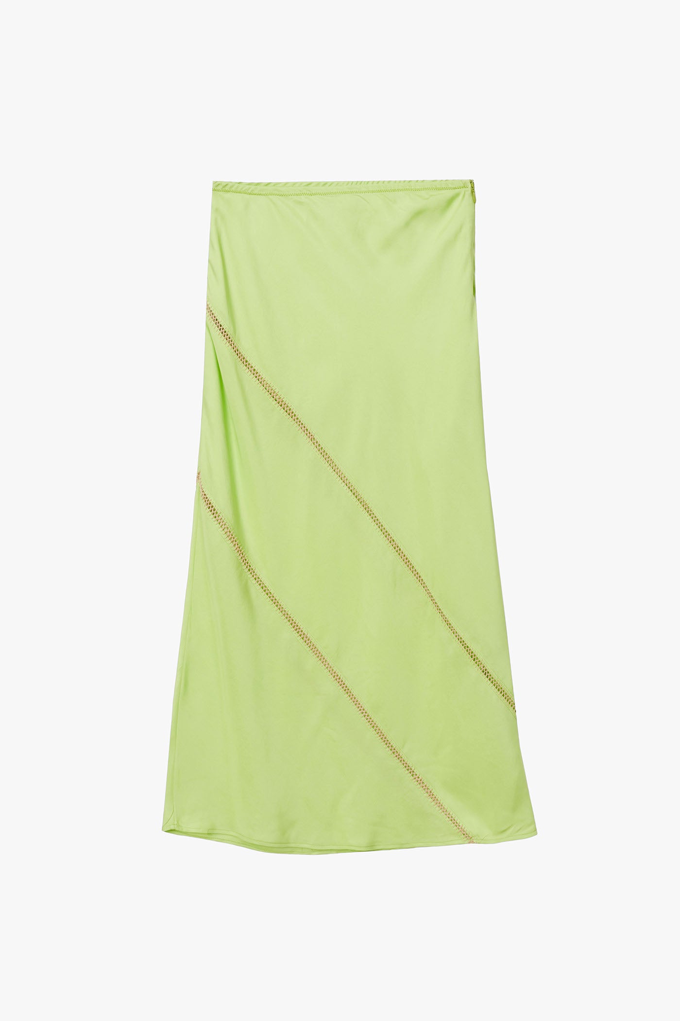 Lime Green silk skirt with two stripes of beige hand stitched detailing diagonally across body photographed on a white background.