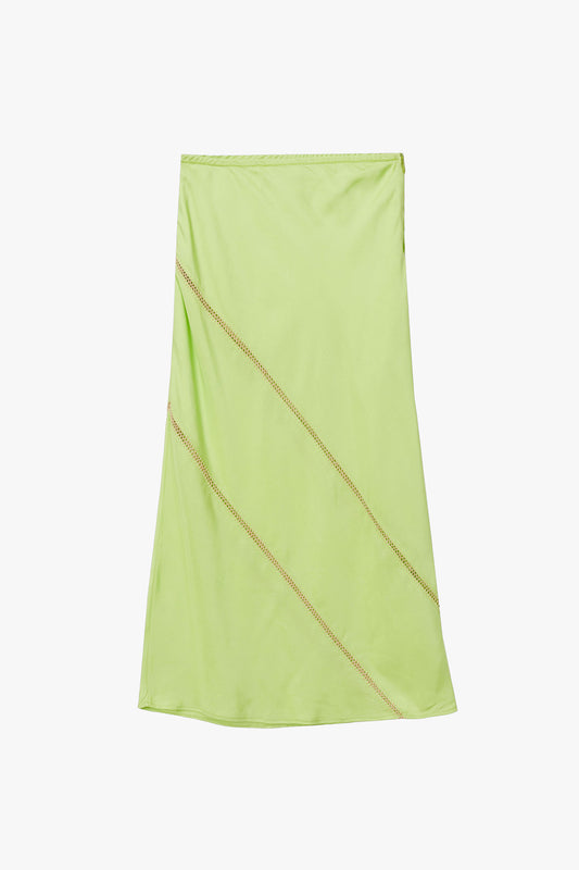 Lime Green silk skirt with two stripes of beige hand stitched detailing diagonally across body photographed on a white background.