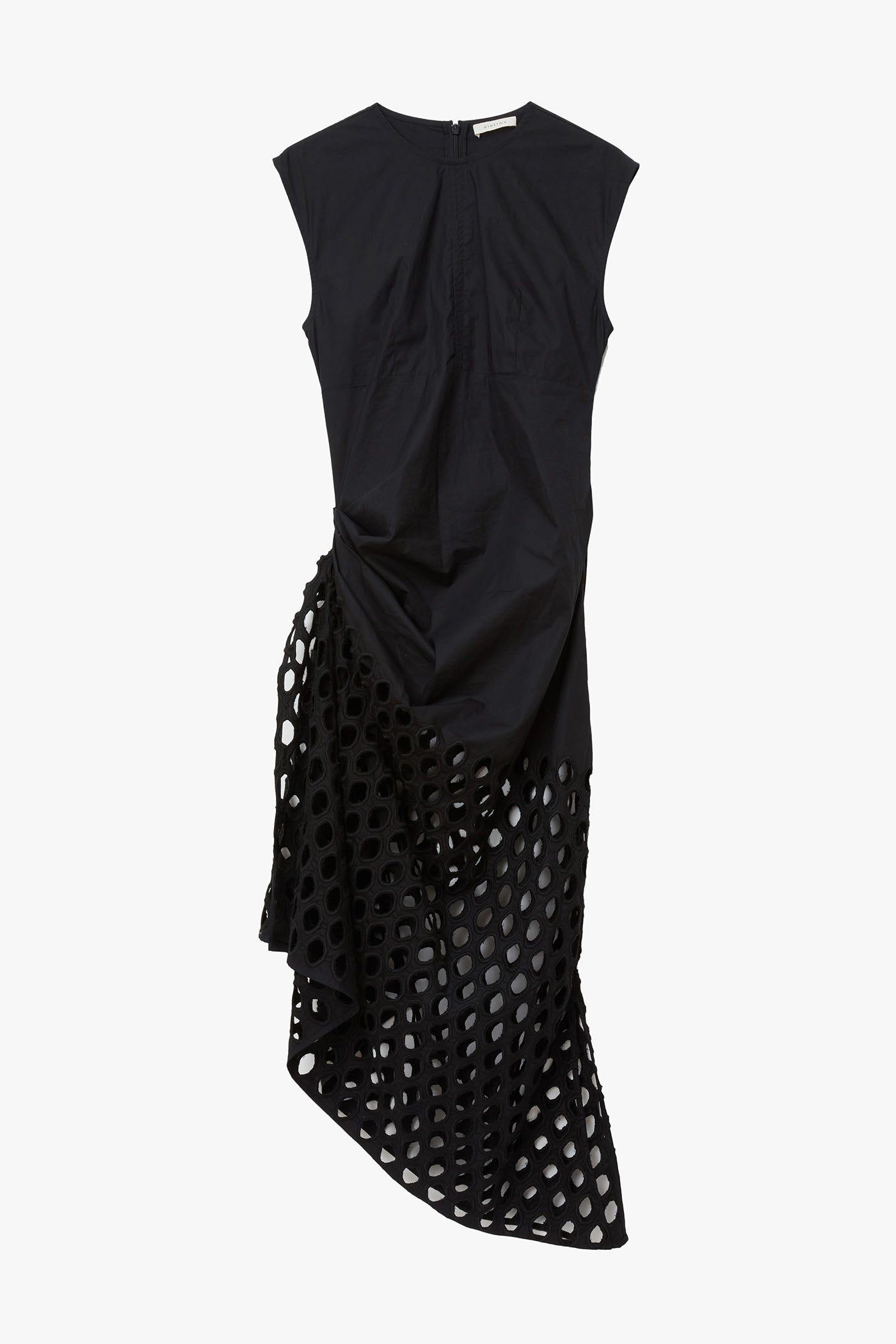 Black sleeveless dress with a drop waist with a unique cutout design photographed on a white background