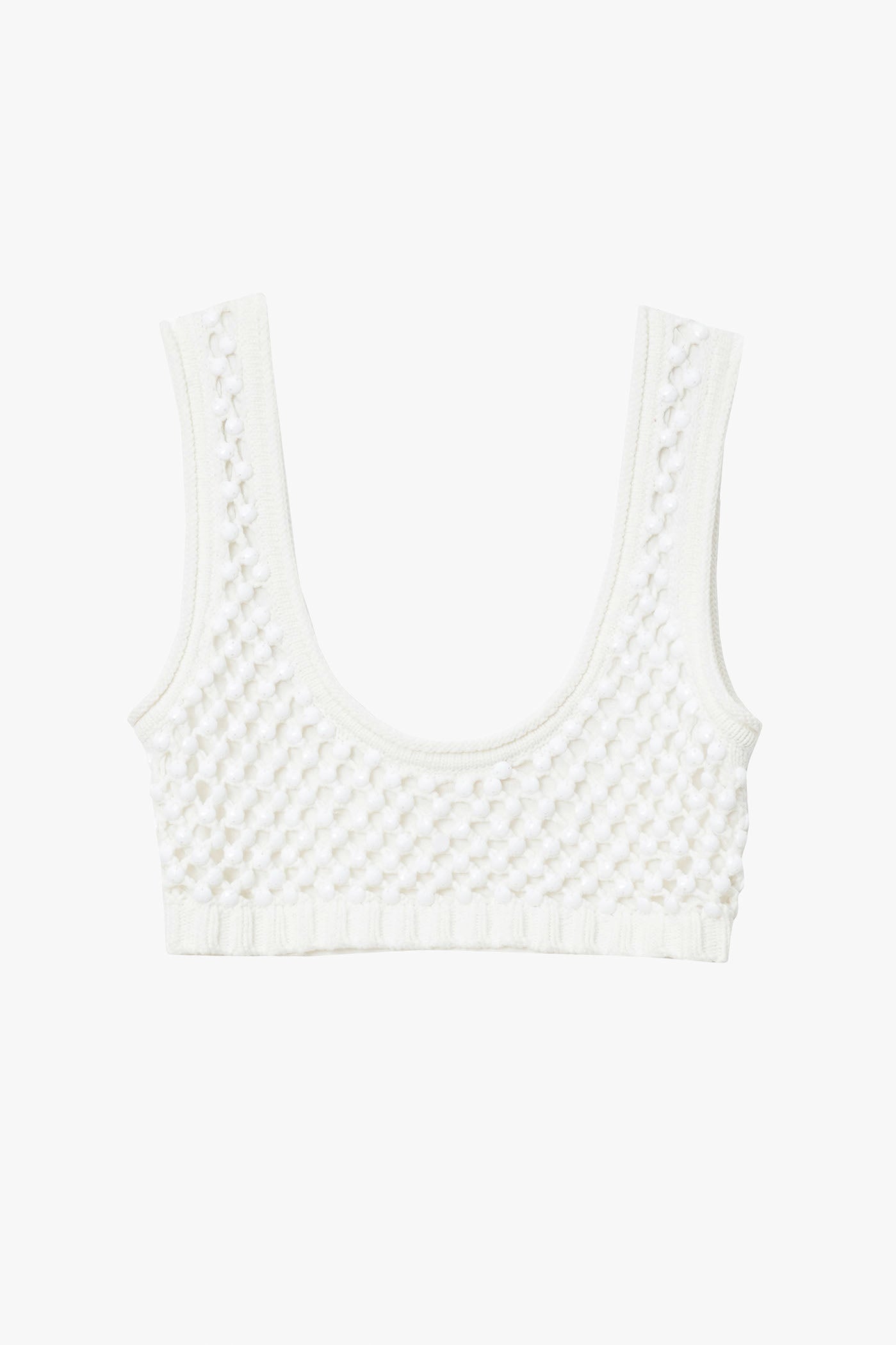 White knitted chunky crystal embellished bralette on a white background. 