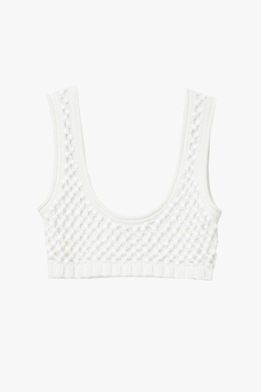 White knitted chunky crystal embellished bralette on a white background. 