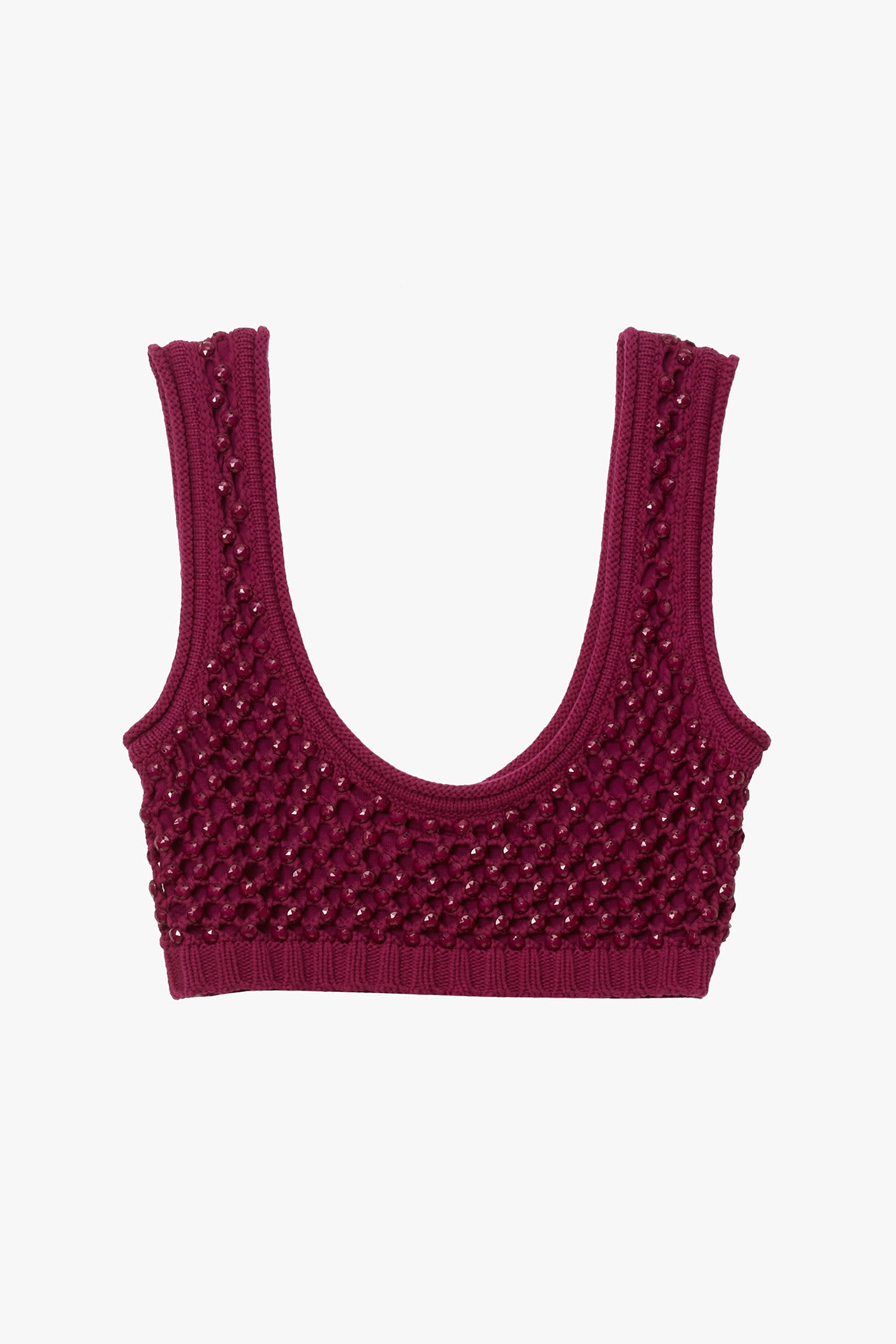 Magenta knitted chunky crystal embellished bralette on a white background. 