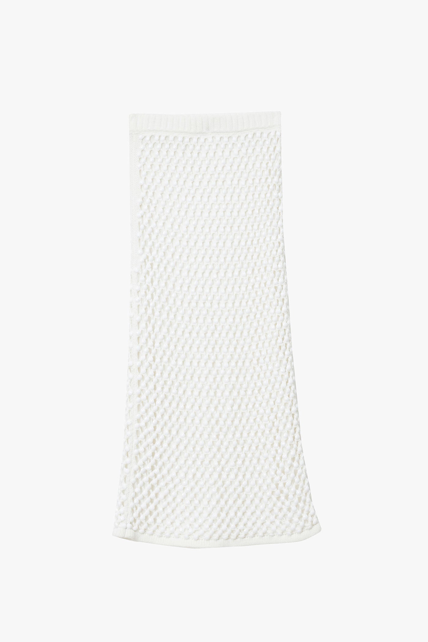 White knitted chunky crystal embellished straight skirt on a white background. 