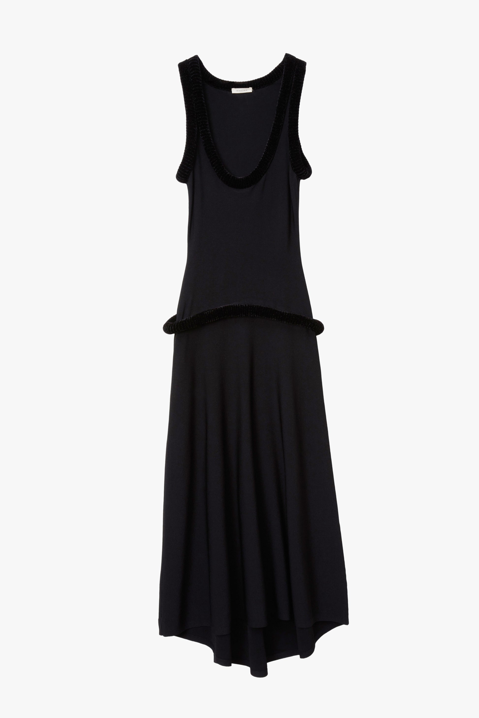Black sleeveless dress with tubing on a white background