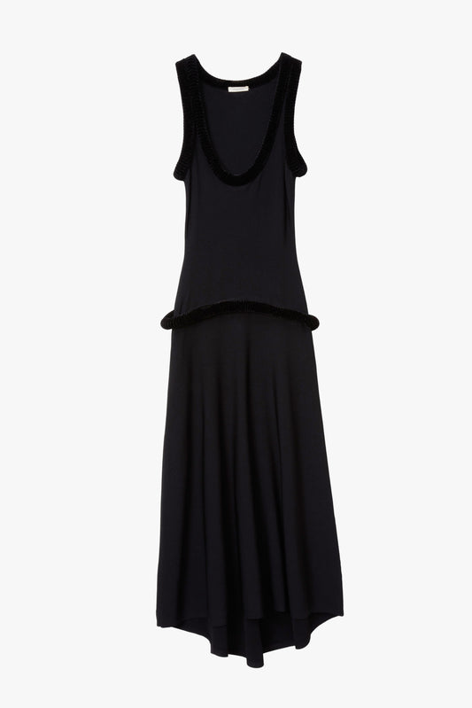 Black sleeveless dress with tubing on a white background