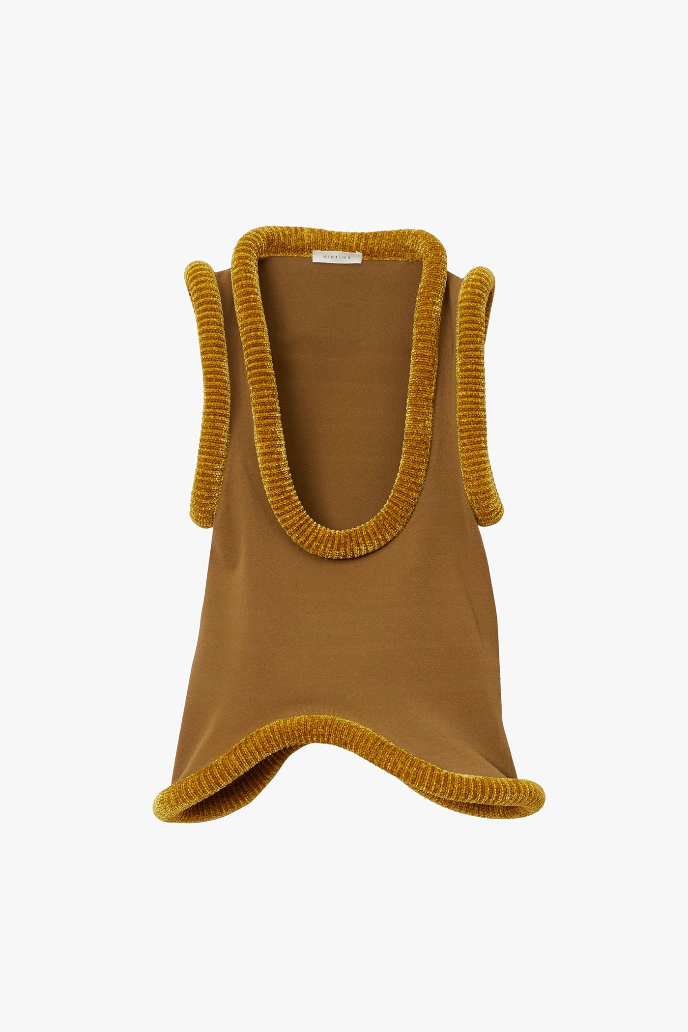 Yellow-brown flat knit tank top with mustard yellow sculptural tubing at hem photographed on a white background. Tank has scooped "U" shaped neckline and wavy bottom hem. 