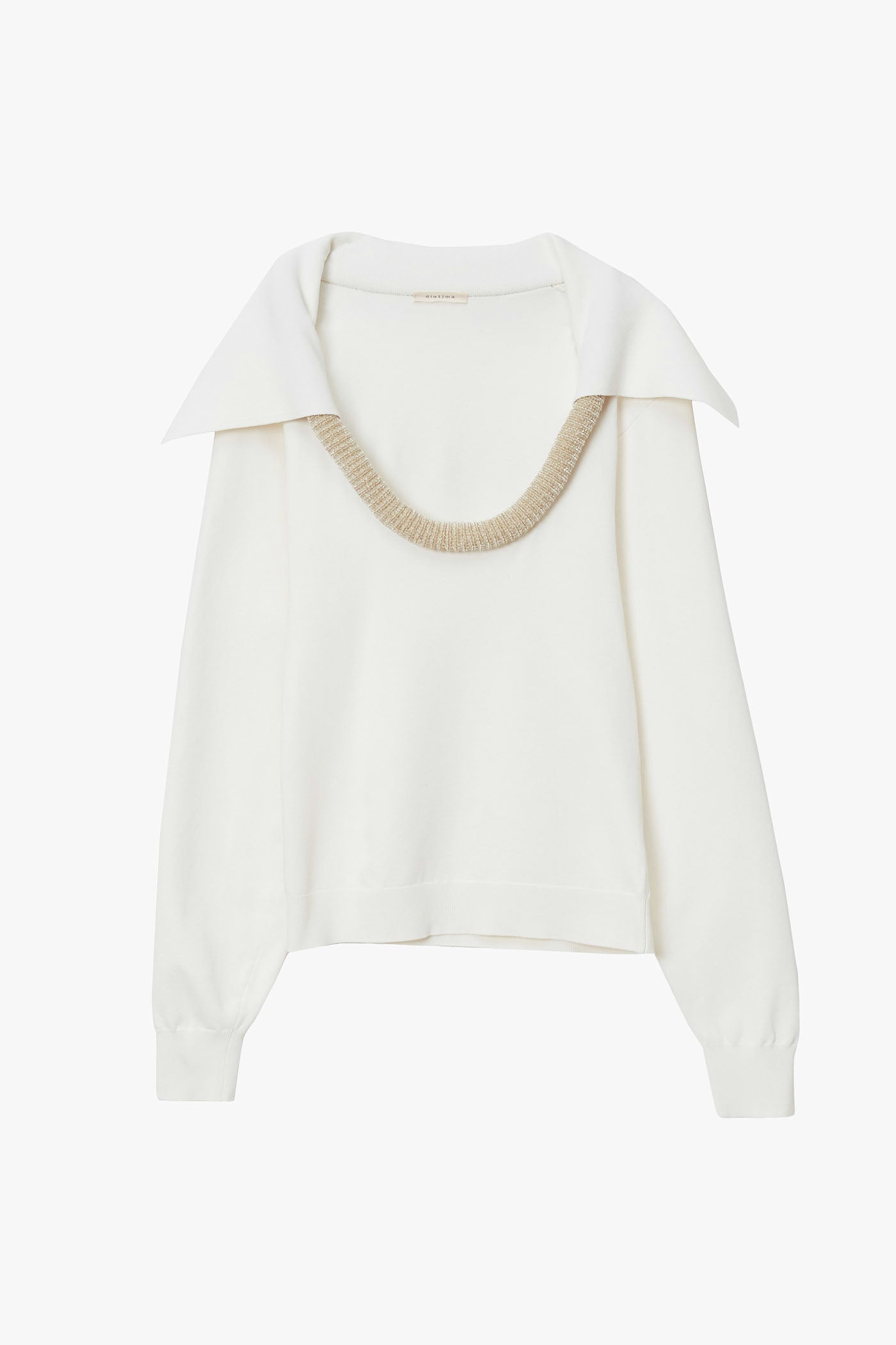 White flat knit plunging neckline long sleeve sweater with biege sculptural tubing at neckline. Sweater has sailor collar extending from tubing at neckline. Photographed on a white background.