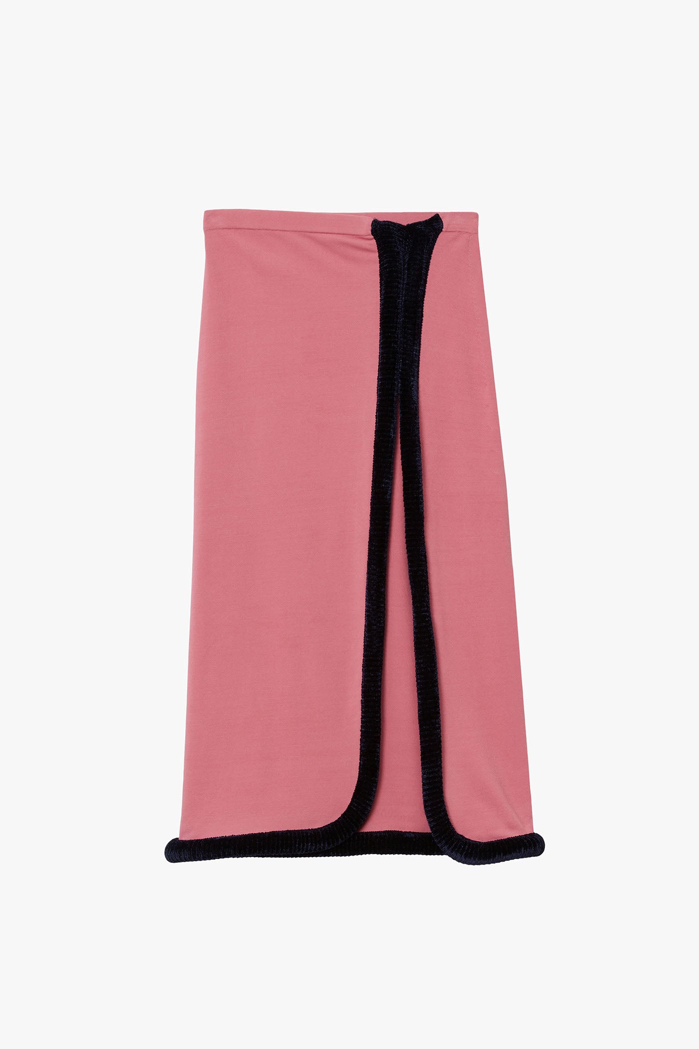 Pink high-slit flat knit straight skirt with marine blue sculptural tubing at hem and slit photographed on a white background. 