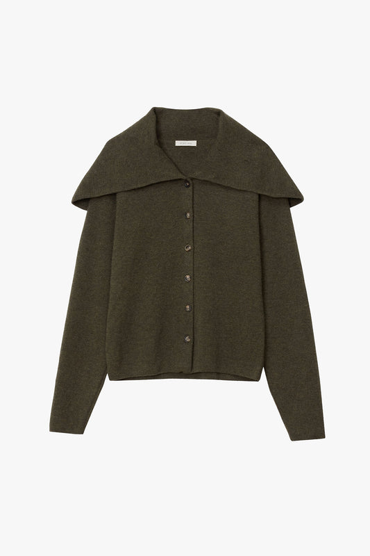 Green-grey cashmere cardigan with crewneck and exaggerated sailors collar photographed on a white background. 