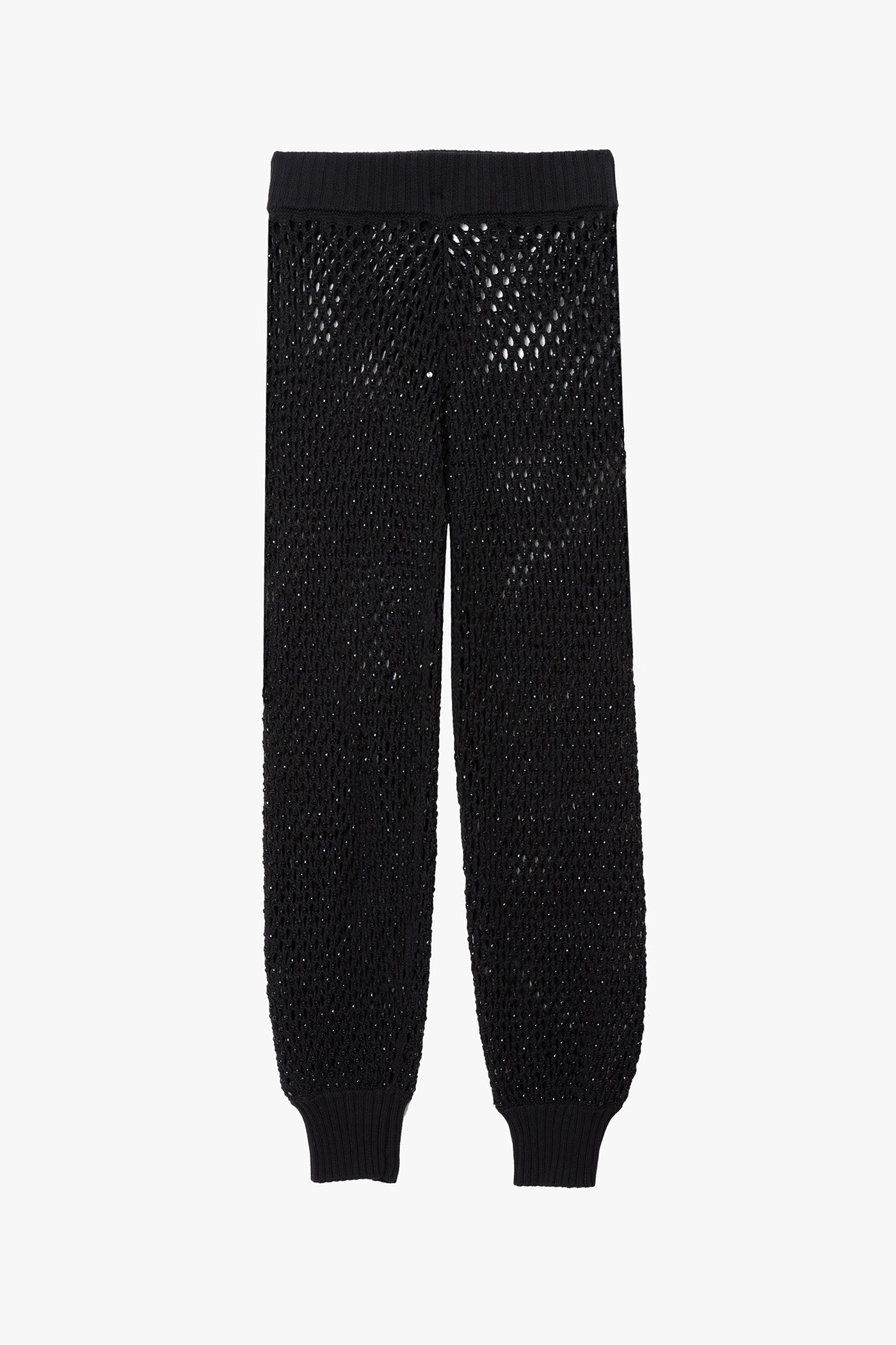 Black micro crystal embellished joggers on a white background.