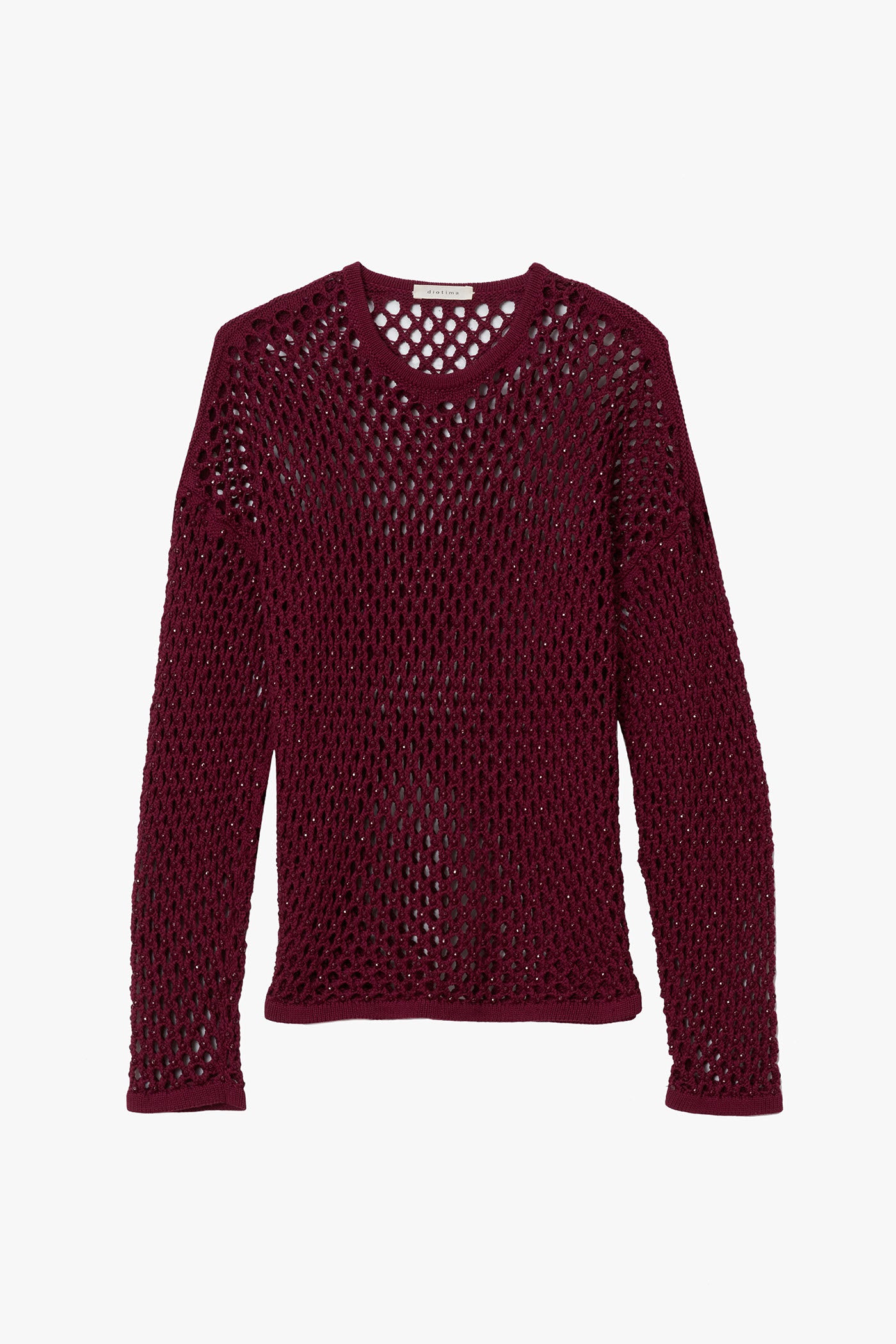 Magenta micro crystal embellished long sleeve knitted sweater on a white background.