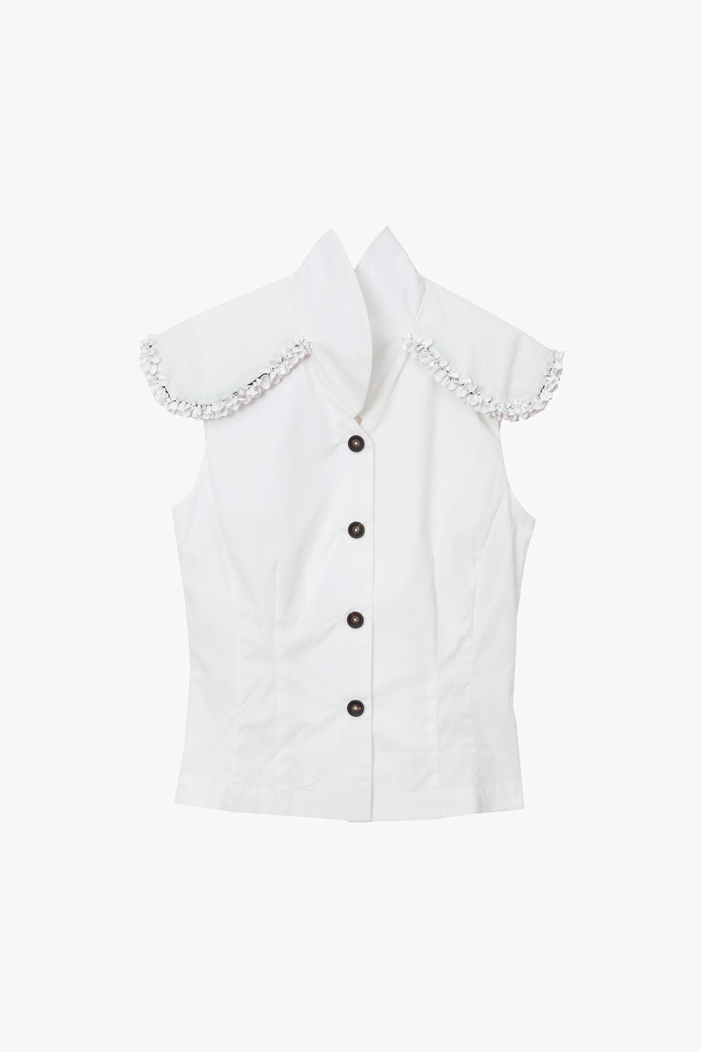 White sleeveless cotton vest with white paillette trim and high collar photographed on a white background.