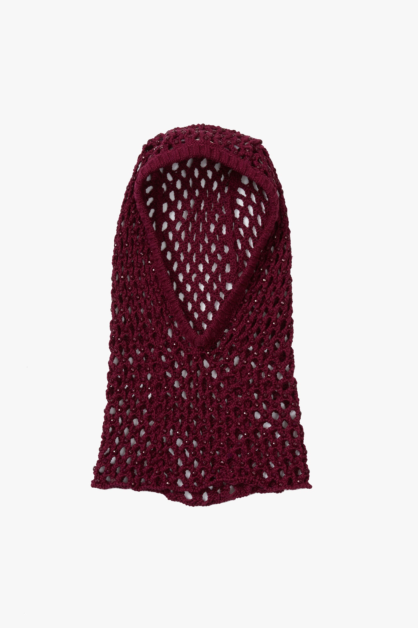 Magenta knitted crystal embellished hood on a white background.