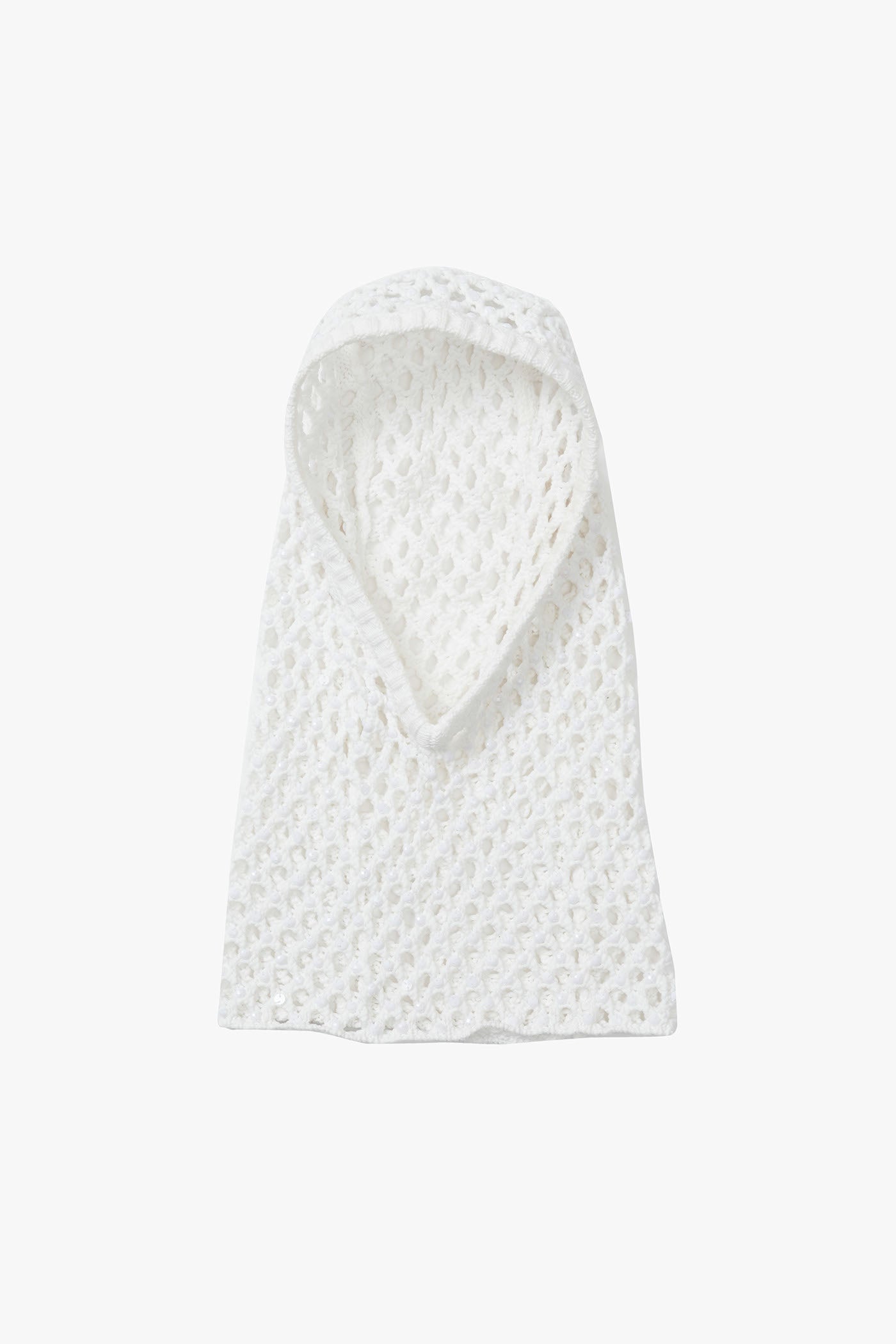 White knitted crystal embellished hood on a white background.
