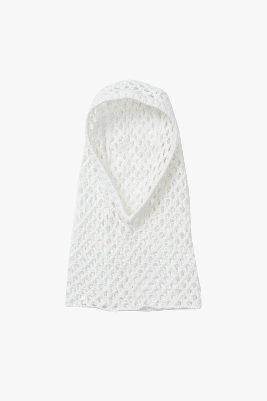 White knitted crystal embellished hood on a white background.