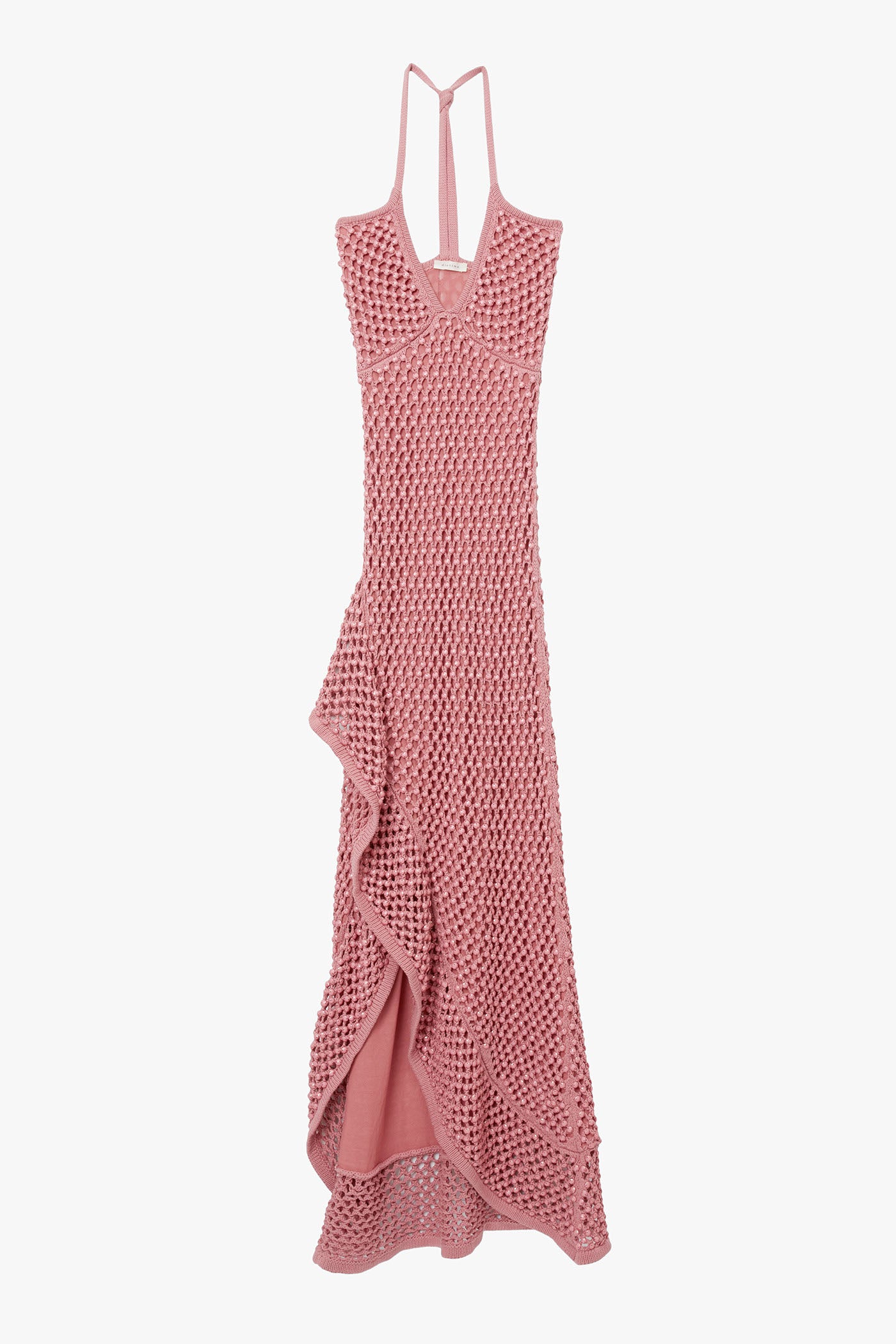 Pink chunky crystal embellished camisole dress with open back on a white background. Dress has high slit and ruffle hem. 