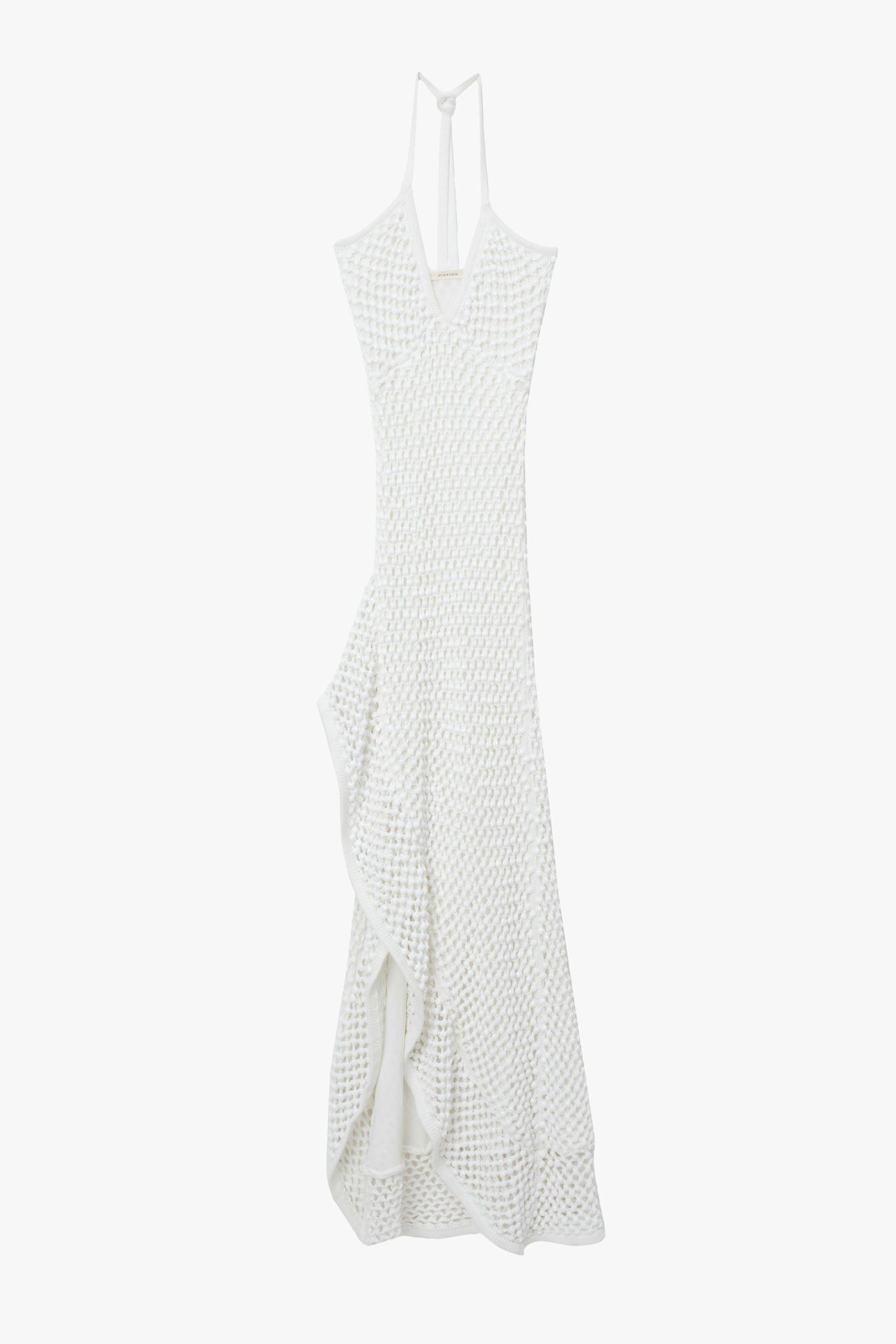 White chunky crystal embellished camisole dress with open back on a white background. Dress has high slit and ruffle hem. 