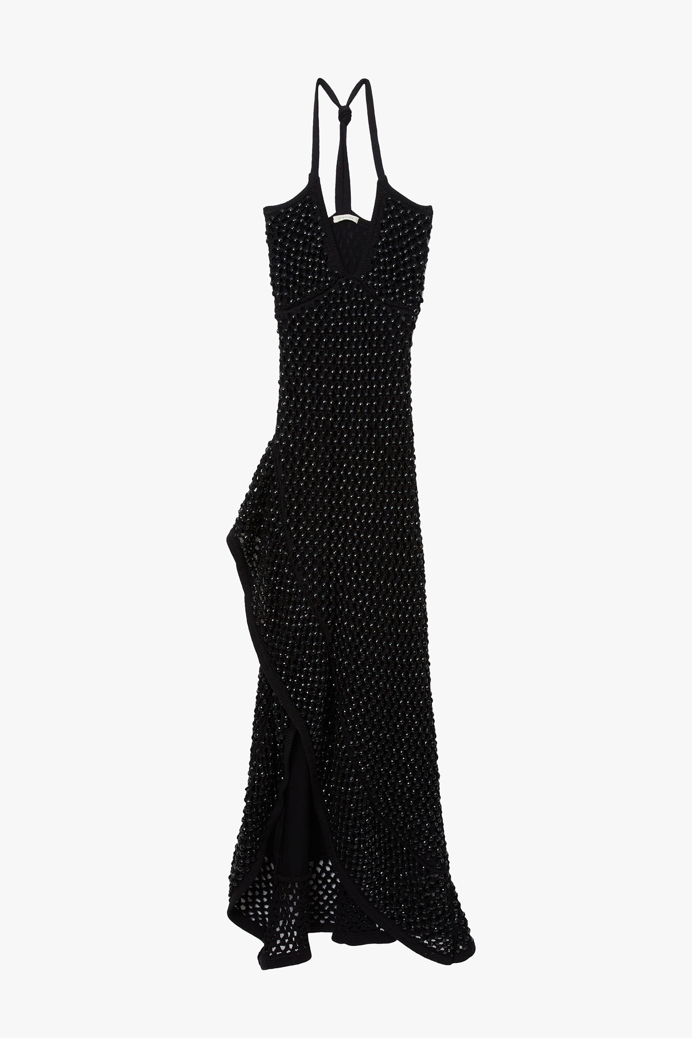 Black chunky crystal embellished camisole dress with open back on a white background. Dress has high slit and ruffle hem. 