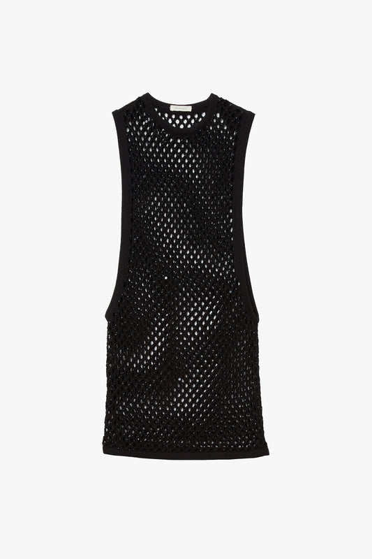 Black micro crystal embellished sleeveless dress with wide open sides photographed on a white background.
